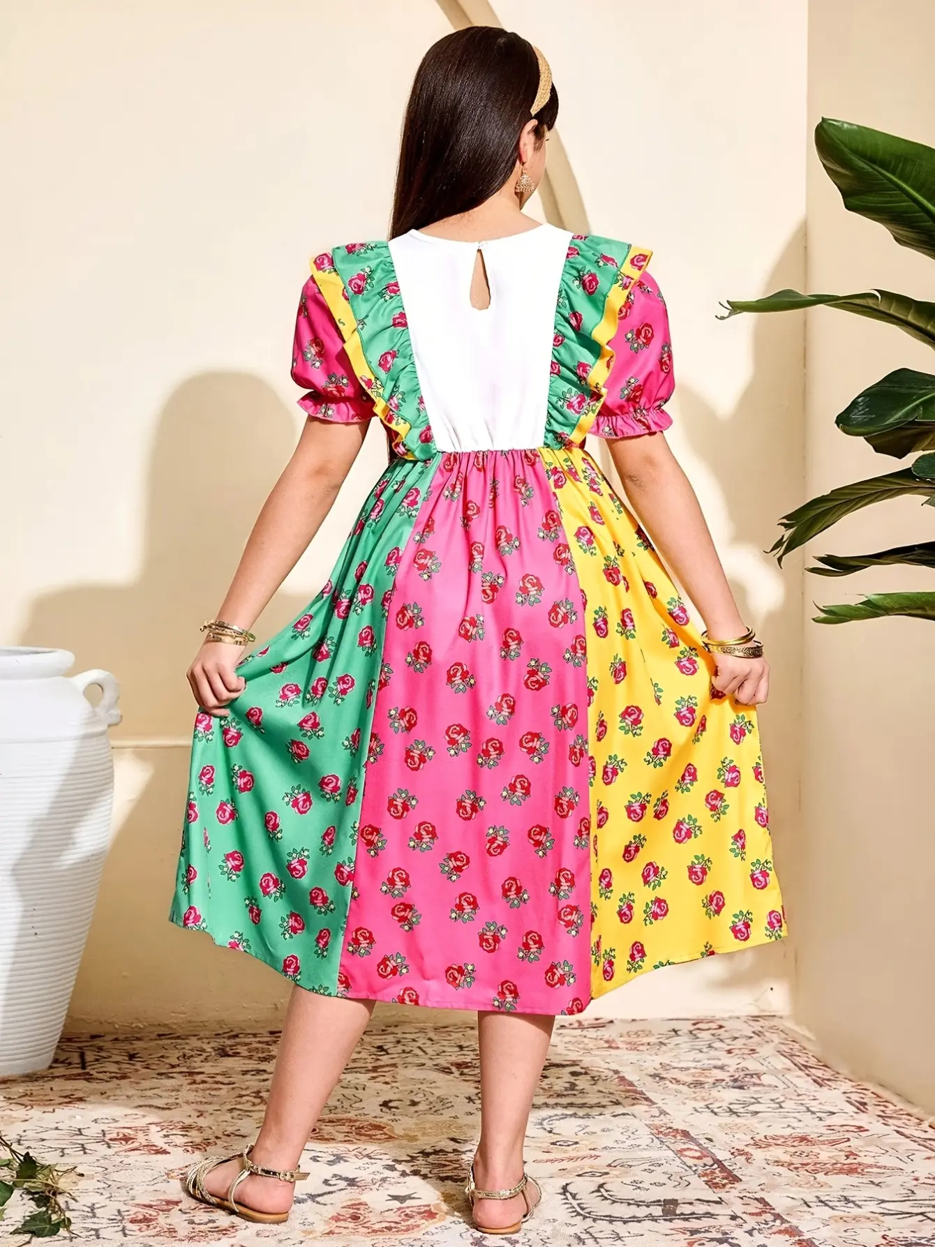 Detail 1 of Girls Floral Puff Sleeve Ruffle Dress by LUNORIANA