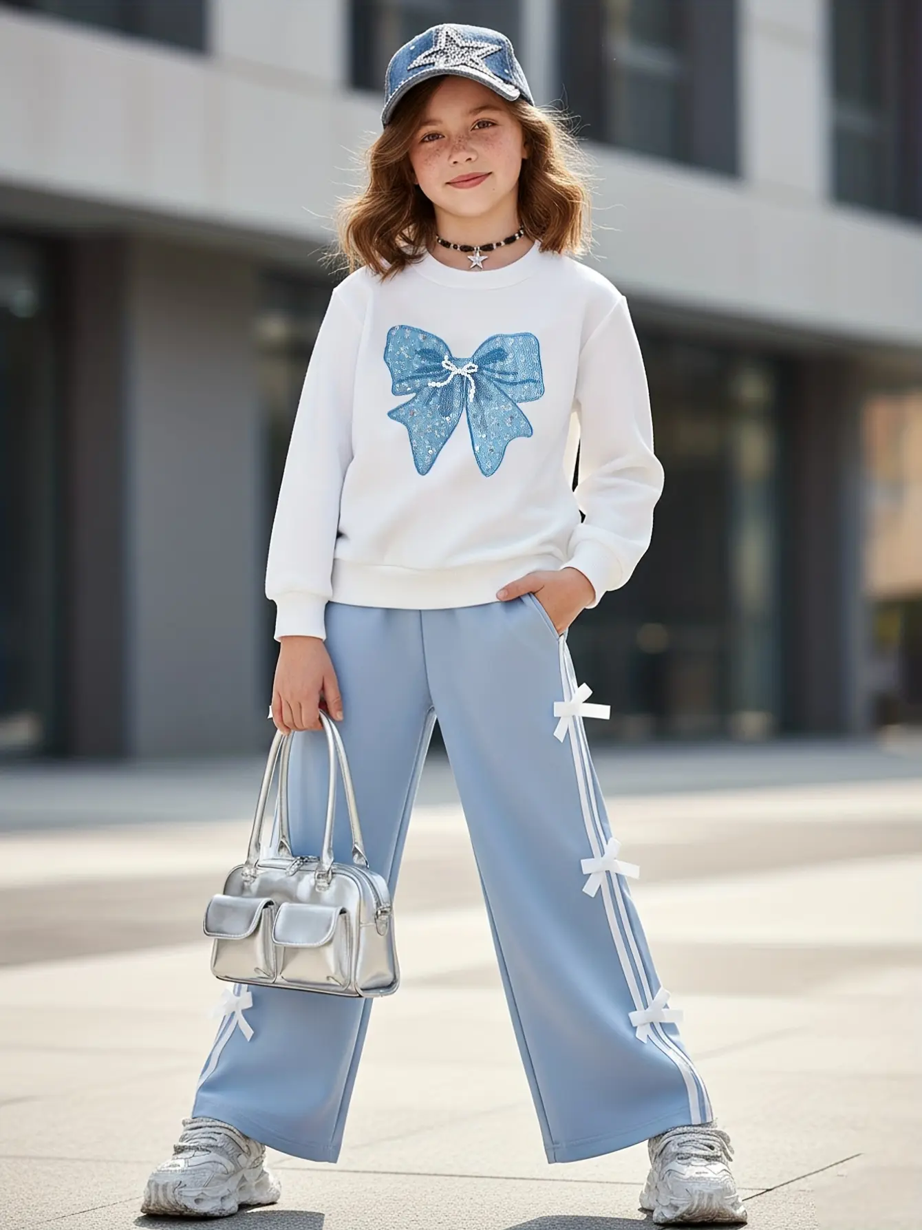 Detail 3 of Girls Bow Sweatshirt and Blue Bow Pants Set by LUNORIANA