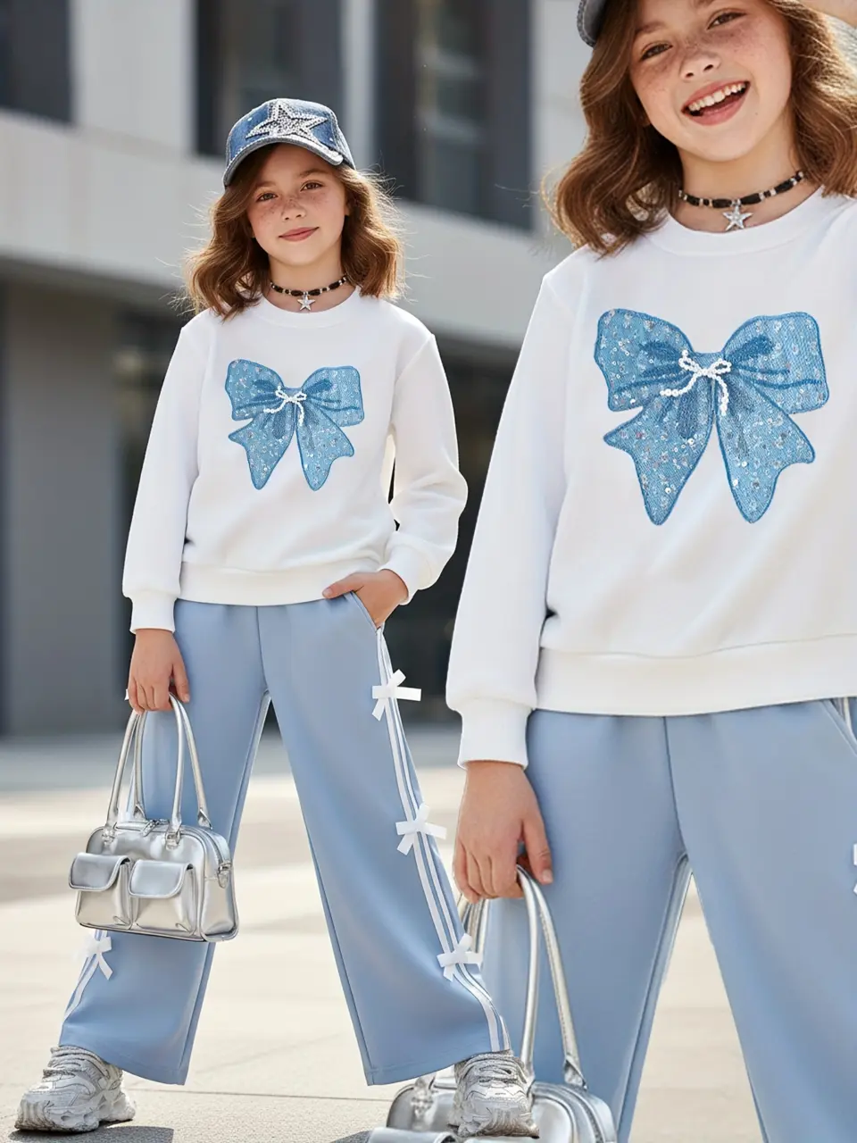 Girls Bow Sweatshirt and Blue Bow Pants Set