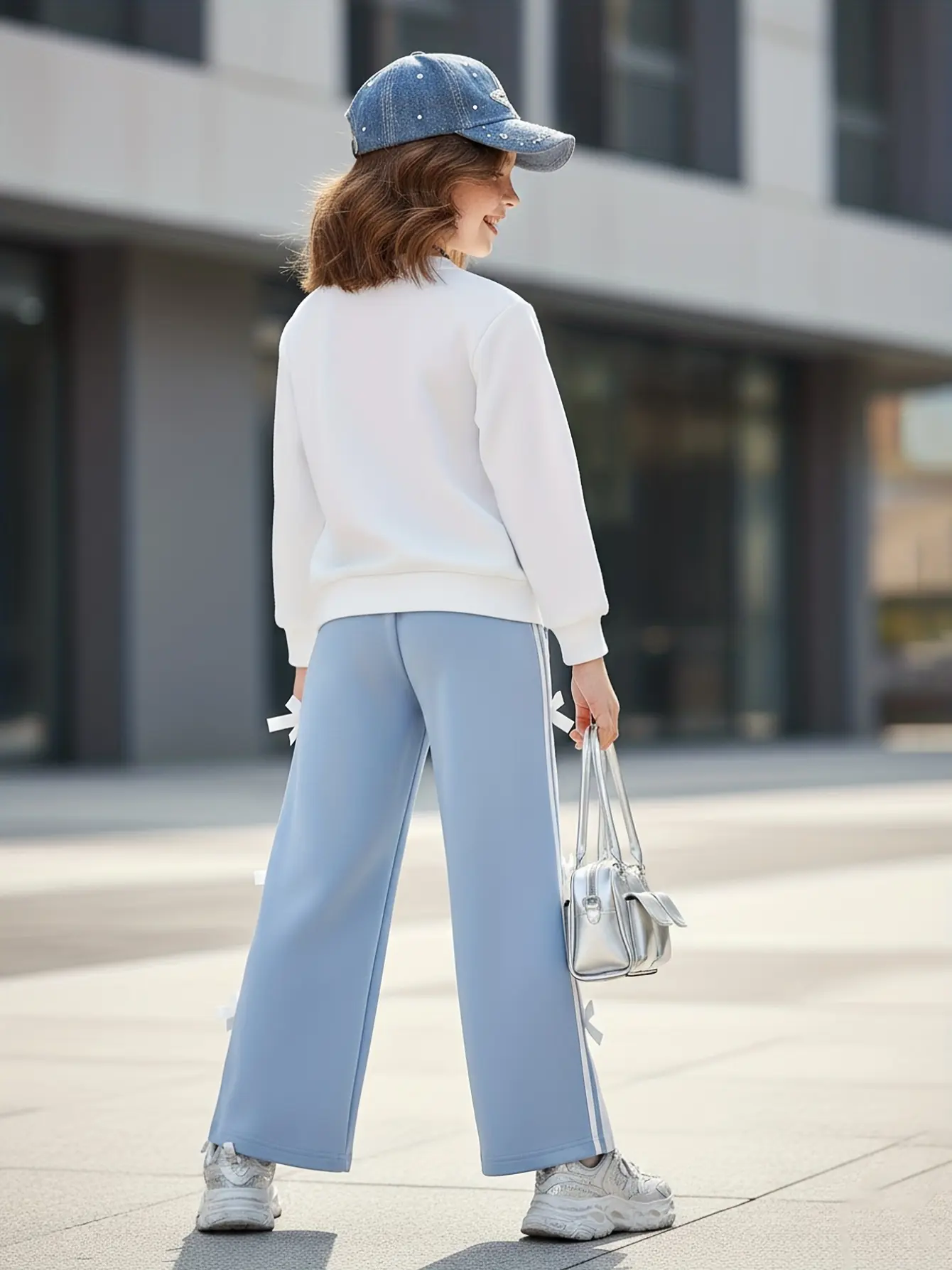 Detail 1 of Girls Bow Sweatshirt and Blue Bow Pants Set by LUNORIANA