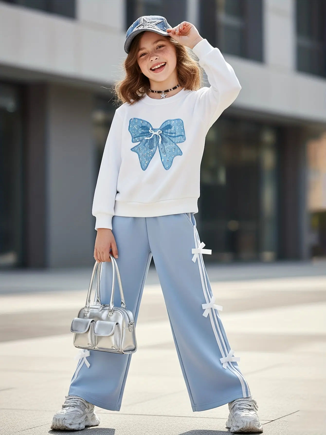 Detail 2 of Girls Bow Sweatshirt and Blue Bow Pants Set by LUNORIANA