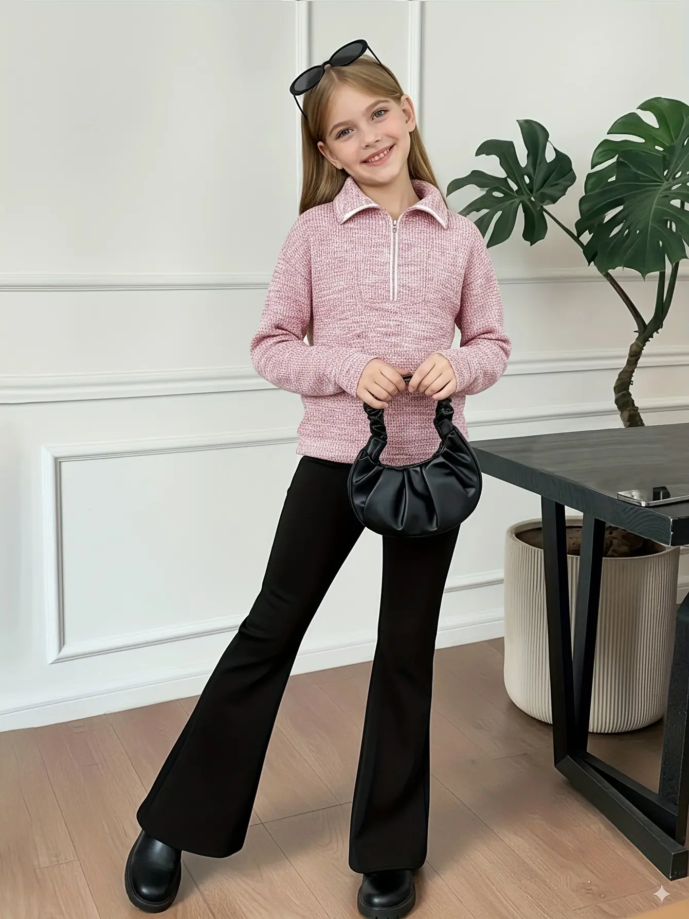 Detail 2 of Girls Pink Zip Sweater and Black Flare Pants Set by LUNORIANA