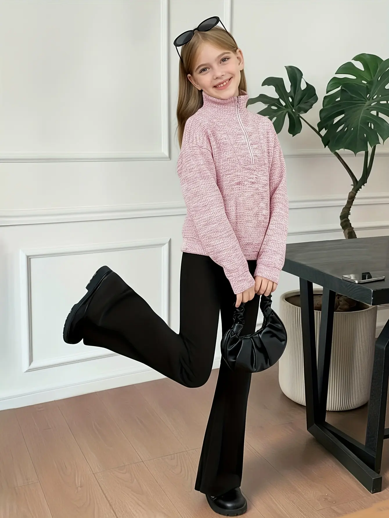 Detail 4 of Girls Pink Zip Sweater and Black Flare Pants Set by LUNORIANA