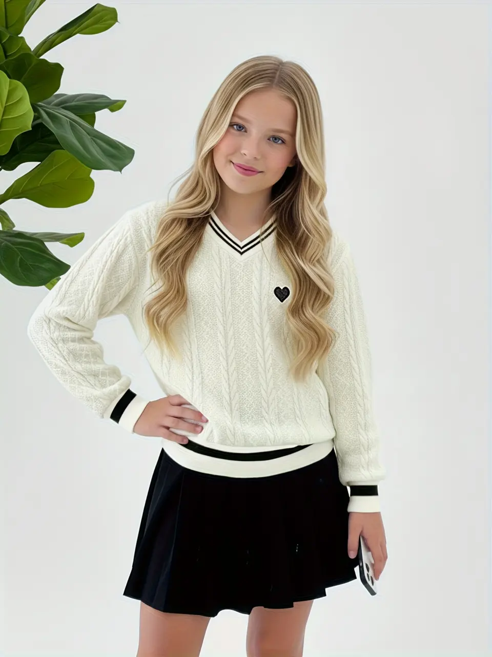 Girls V-Neck Striped Trim Knit Sweater