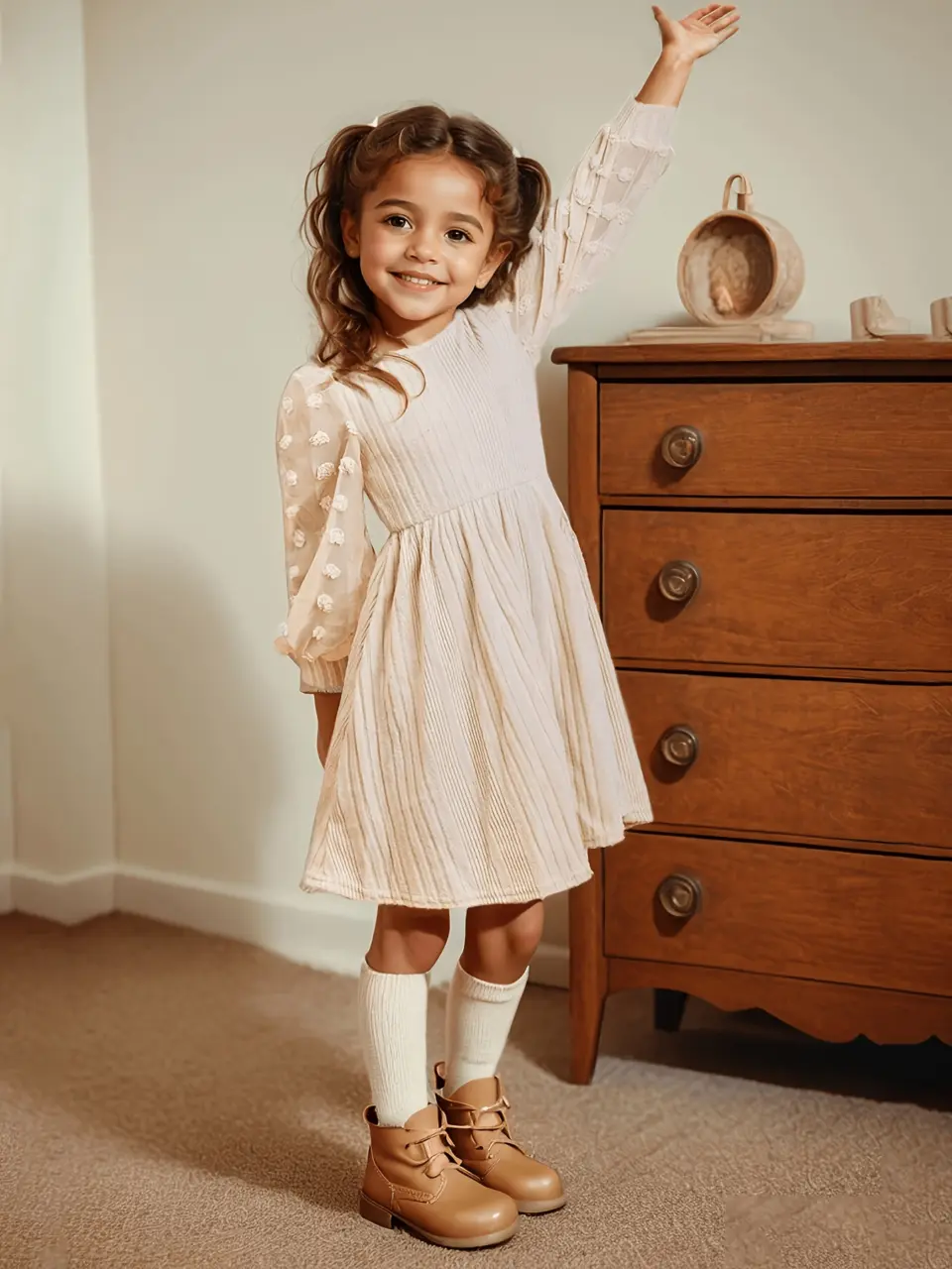 Girls Chiffon Pom Pom Sleeve Knit Dress