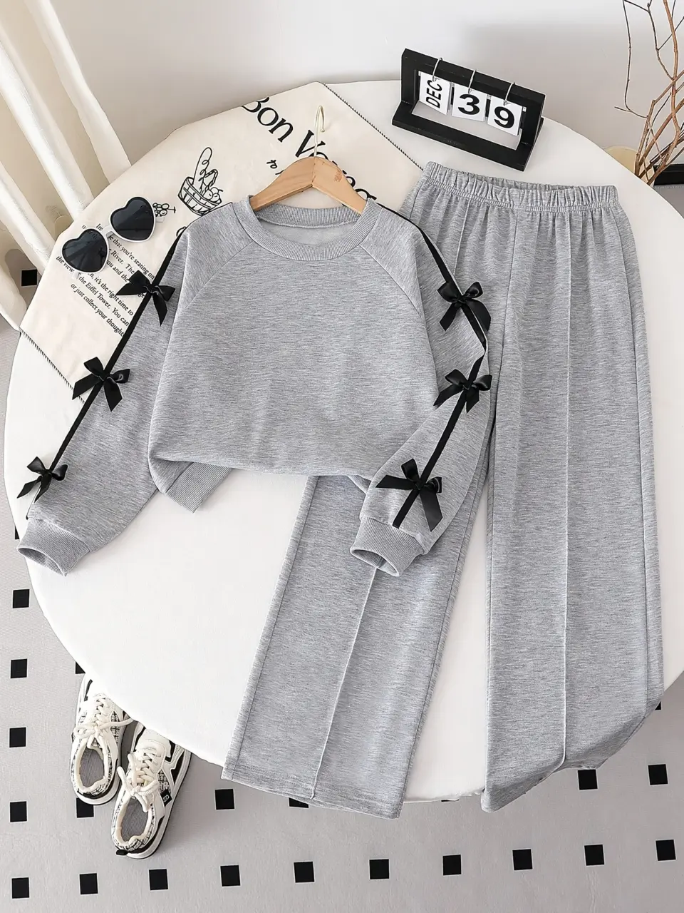 Girls Bow Long Sleeve Top and Wide Leg Pants Set