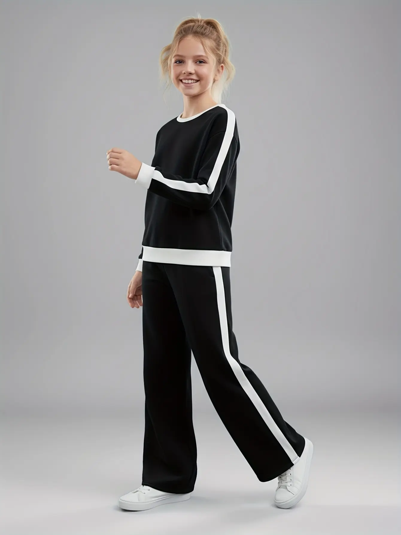 Detail 4 of Girls Black and White Top and Wide Leg Pants Set by LUNORIANA