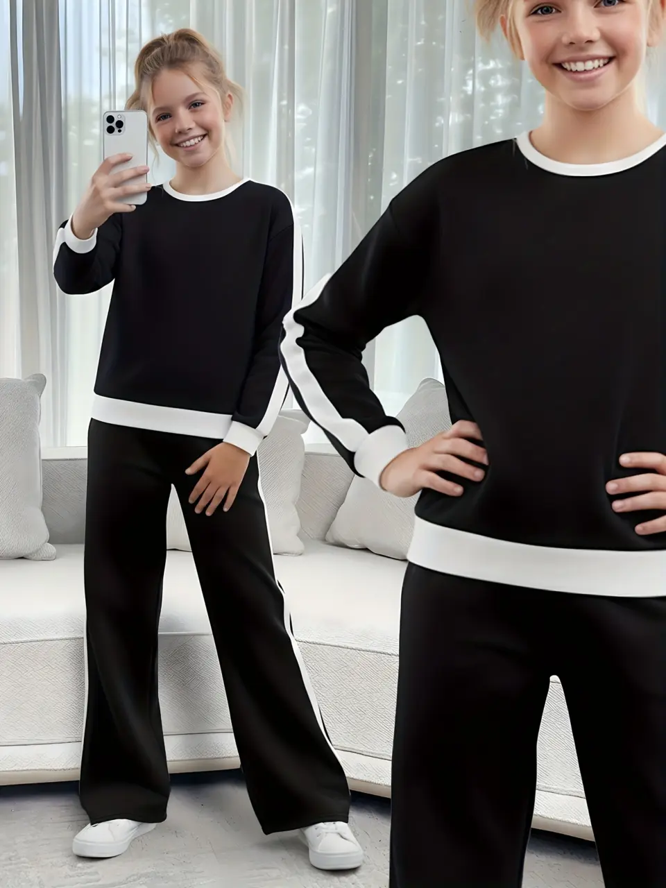 Girls Black and White Top and Wide Leg Pants Set