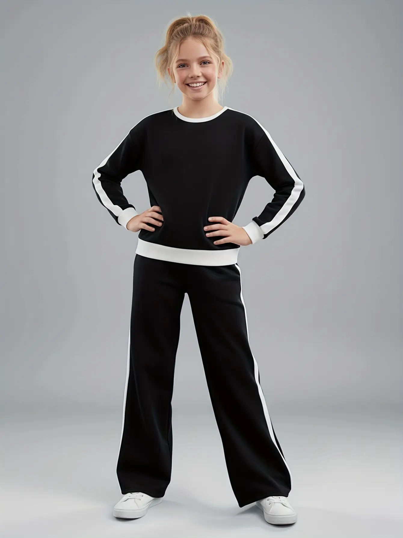 Detail 2 of Girls Black and White Top and Wide Leg Pants Set by LUNORIANA