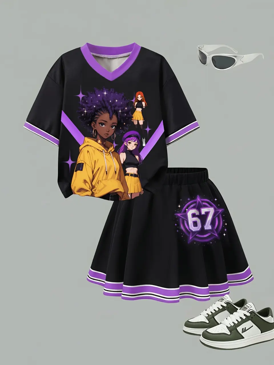 Girls Anime Graphic T-Shirt and Star Ruffle Skirt Set
