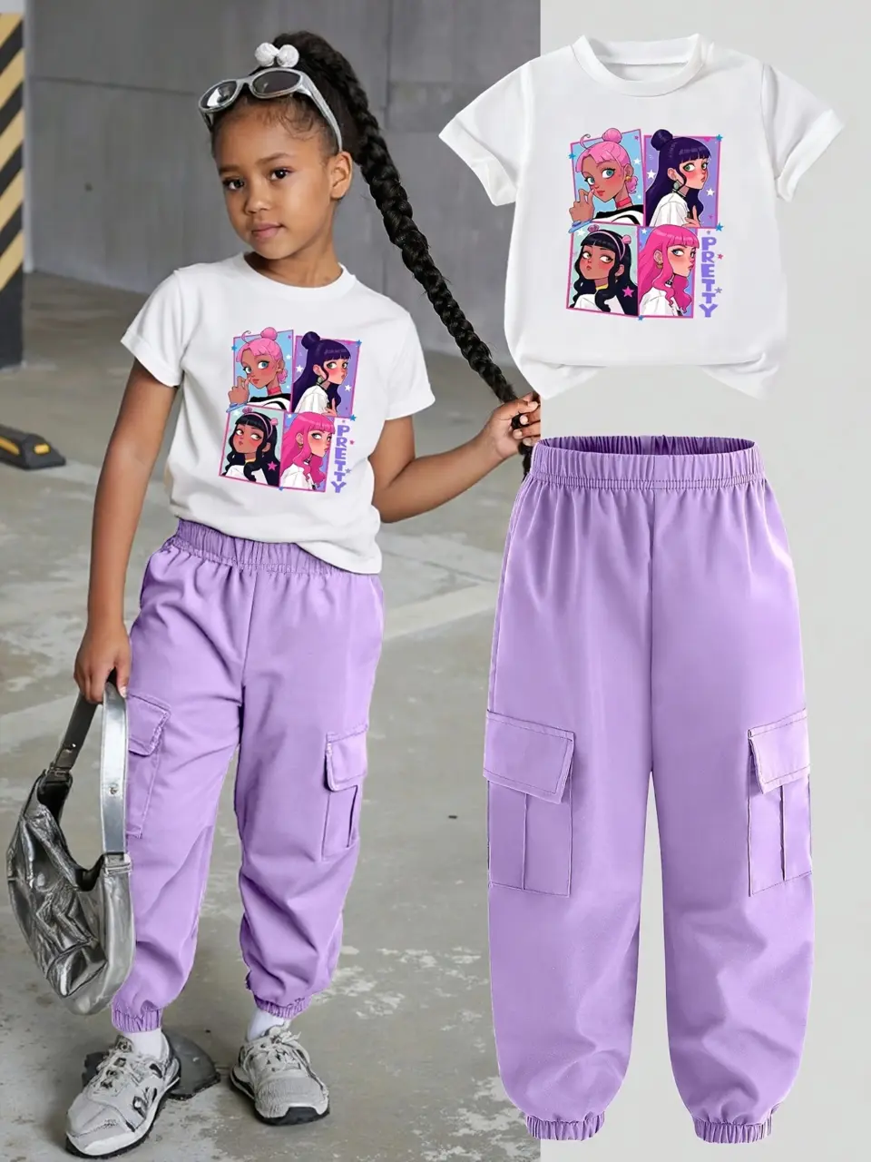 Girls Cartoon Tee and Cargo Jogger Pants Set
