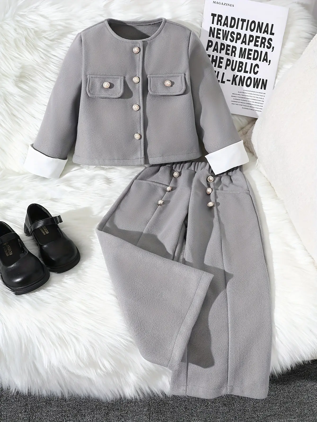 Detail 2 of Girls Pearl Button Pants and White Panel Jacket Set by LUNORIANA