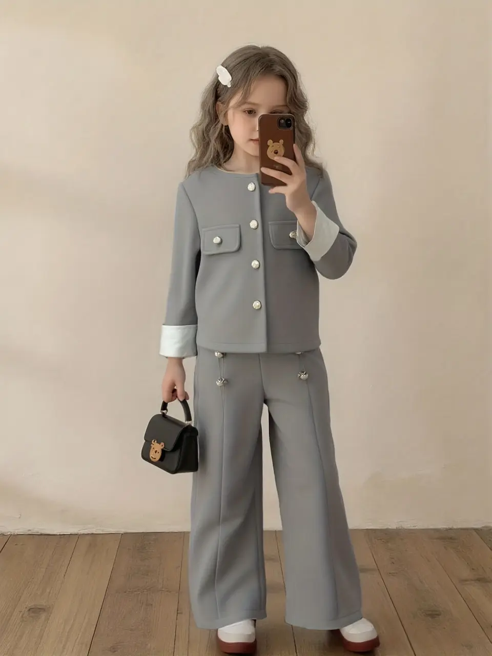Girls Pearl Button Pants and White Panel Jacket Set