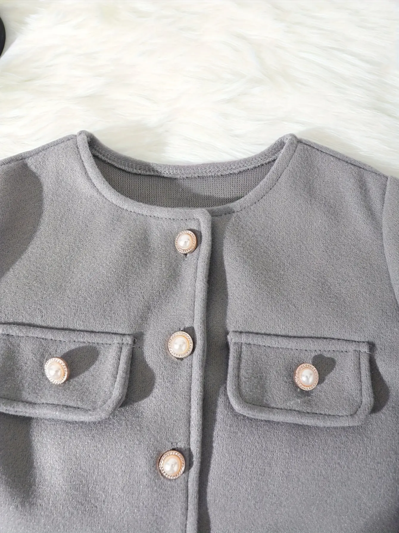 Detail 3 of Girls Pearl Button Pants and White Panel Jacket Set by LUNORIANA