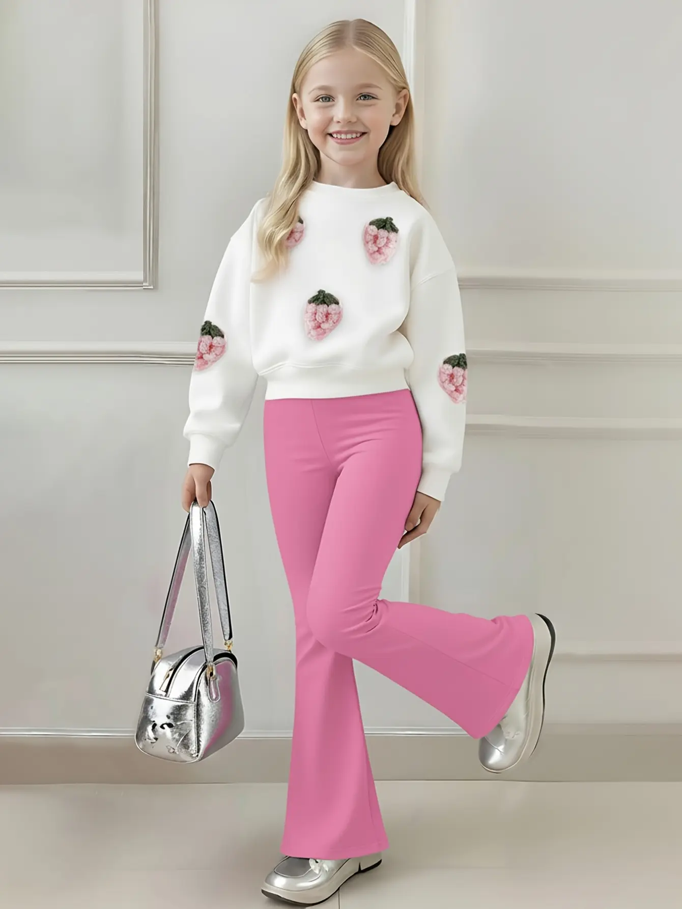 Detail 2 of Girls Strawberry Knit Top and Flare Pants Set by LUNORIANA