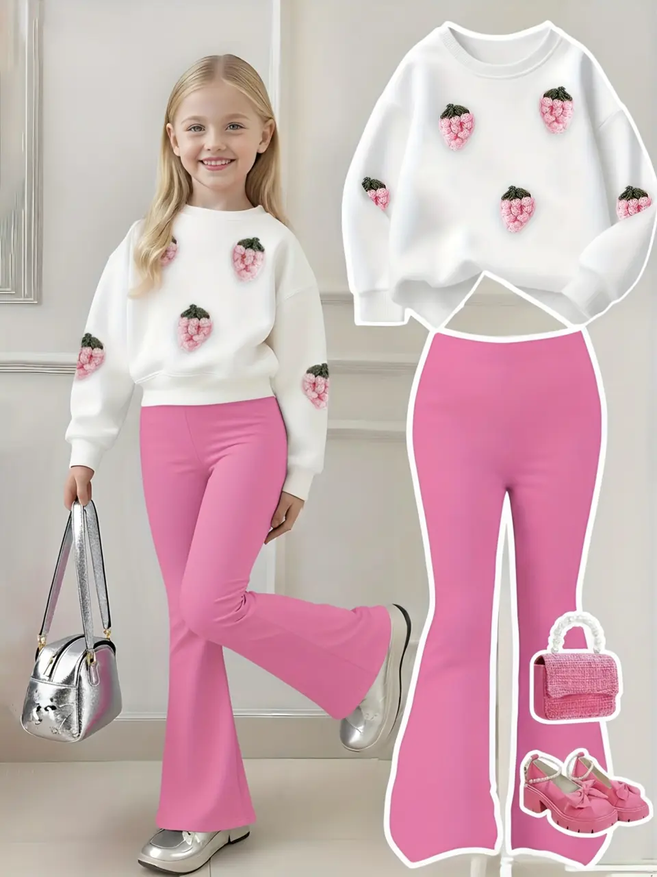 Girls Strawberry Knit Top and Flare Pants Set