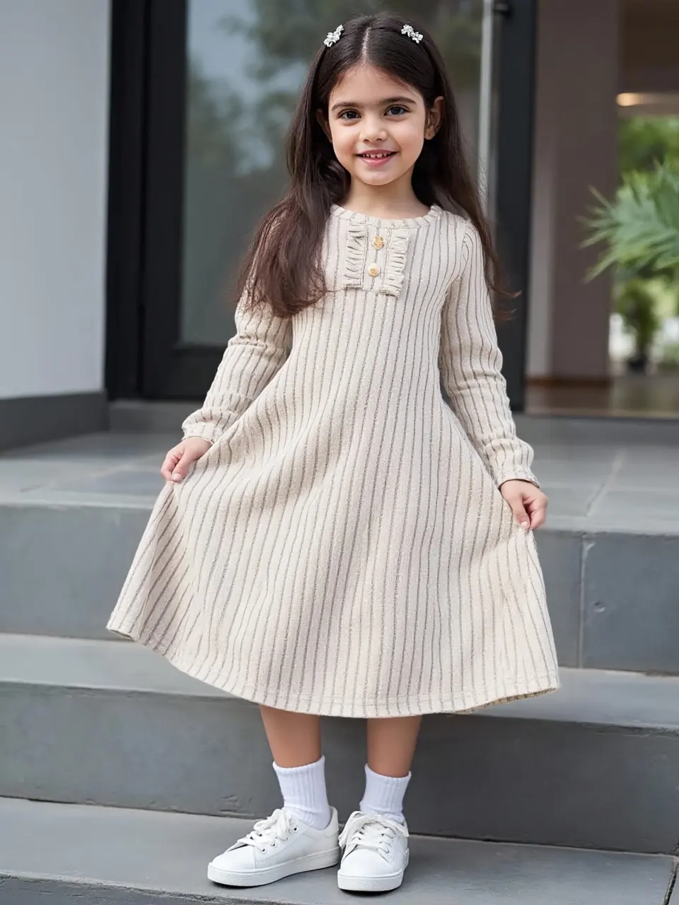 Girls Ribbed Ruffle Hem Long Sleeve Knit Dress