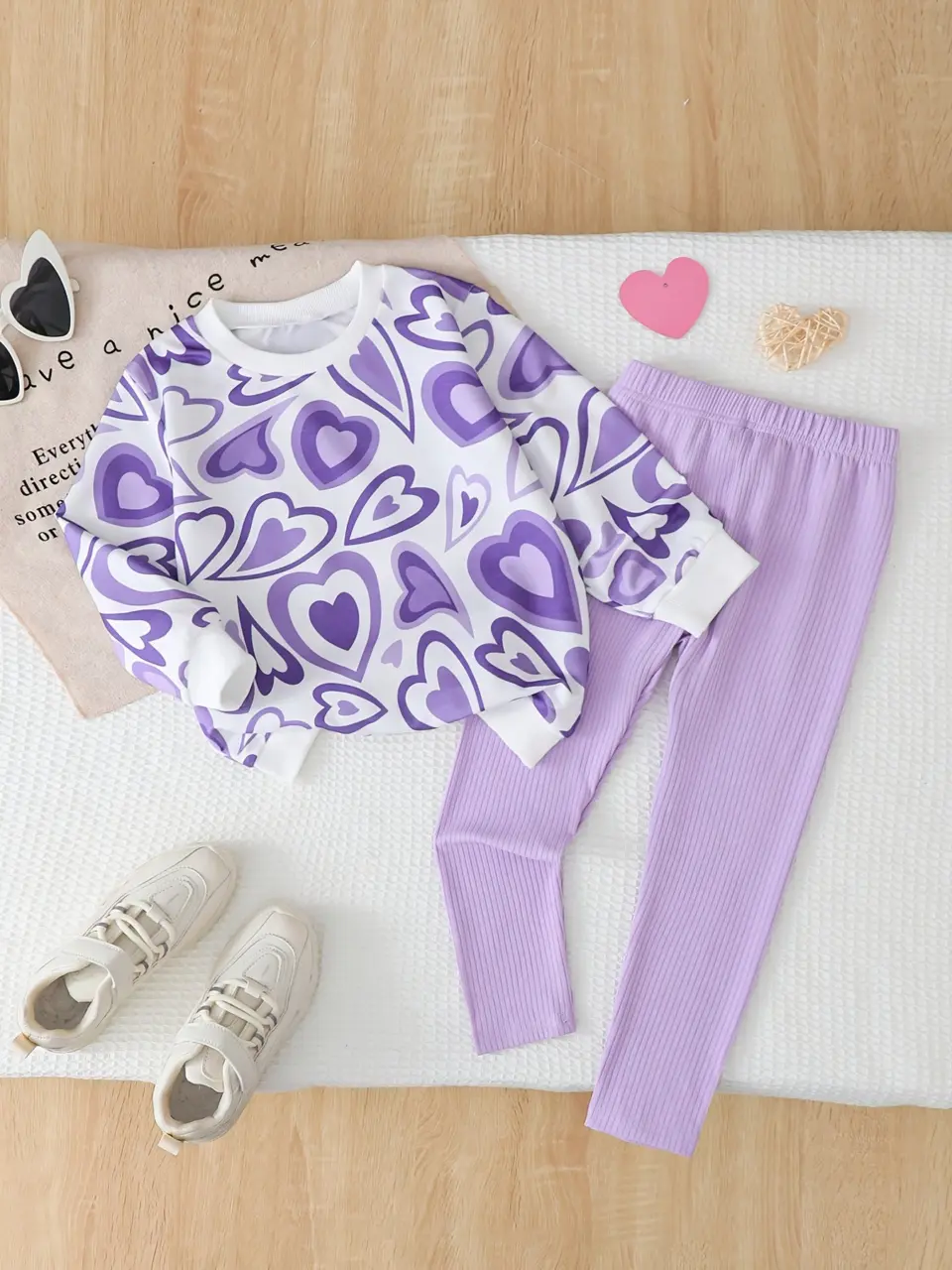 Girls Heart Print Top and Pink Pants Set