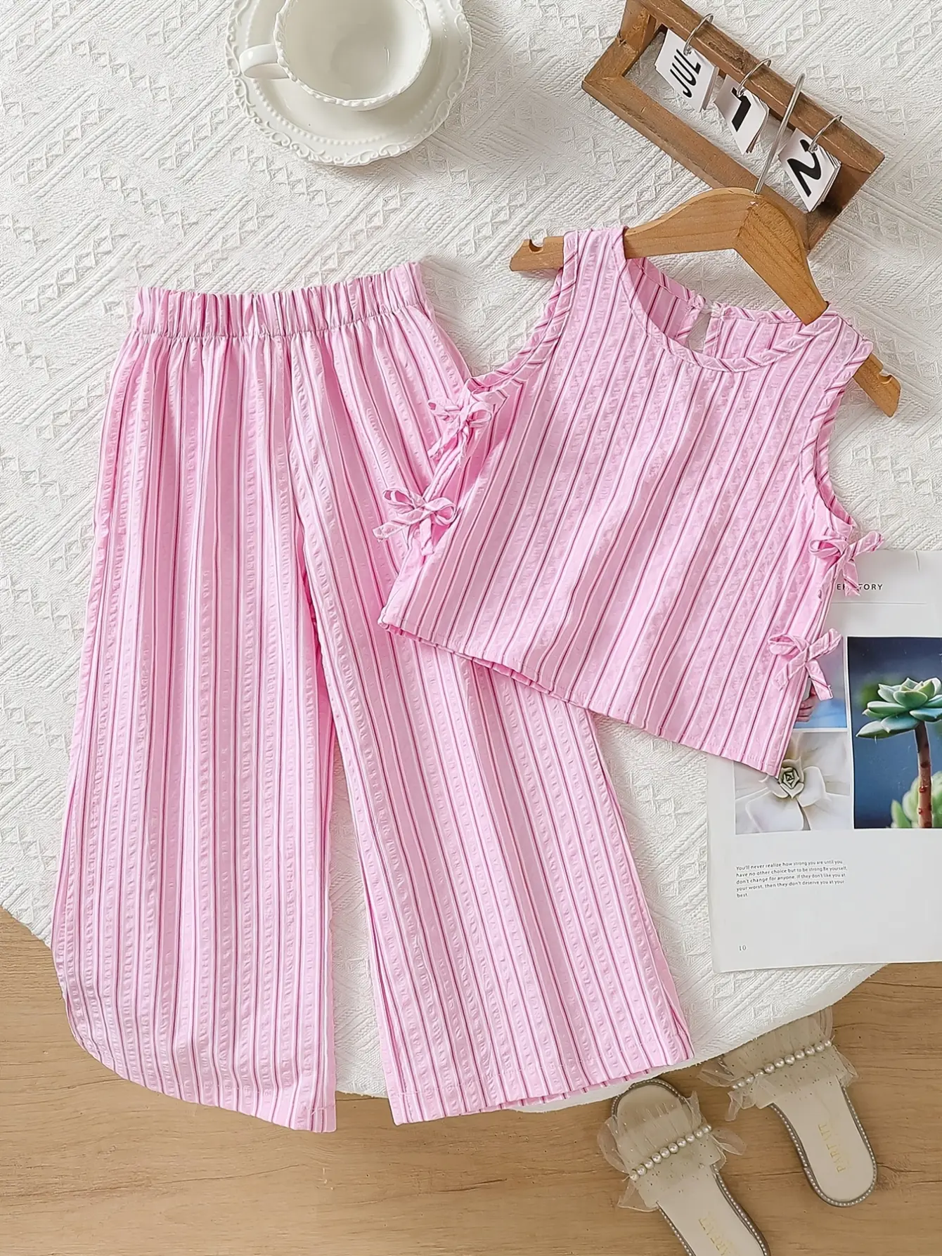 Girls Bow Smocked Top and Stripe Wide Leg Pants Set