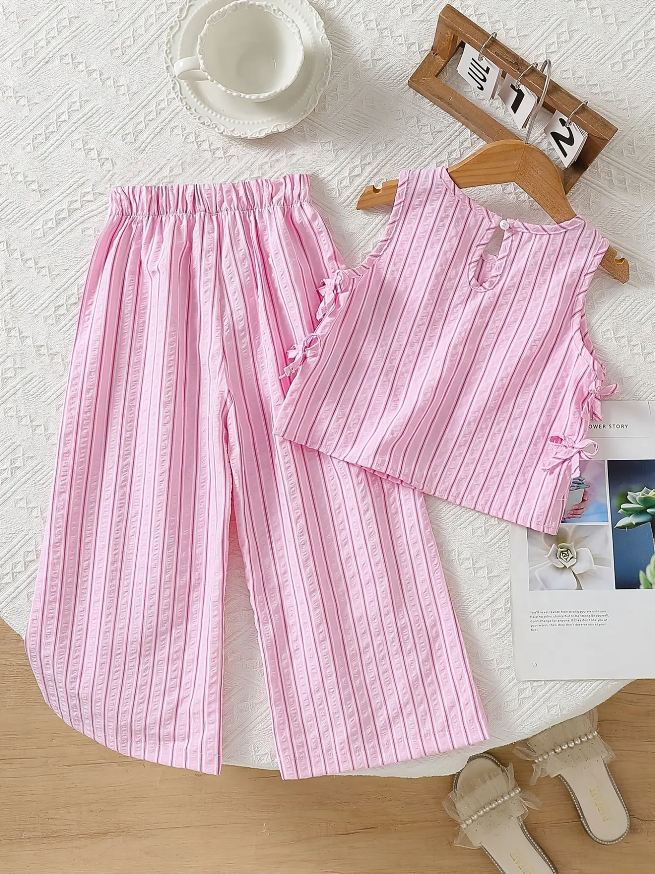 Detail 1 of Girls Bow Smocked Top and Stripe Wide Leg Pants Set by LUNORIANA