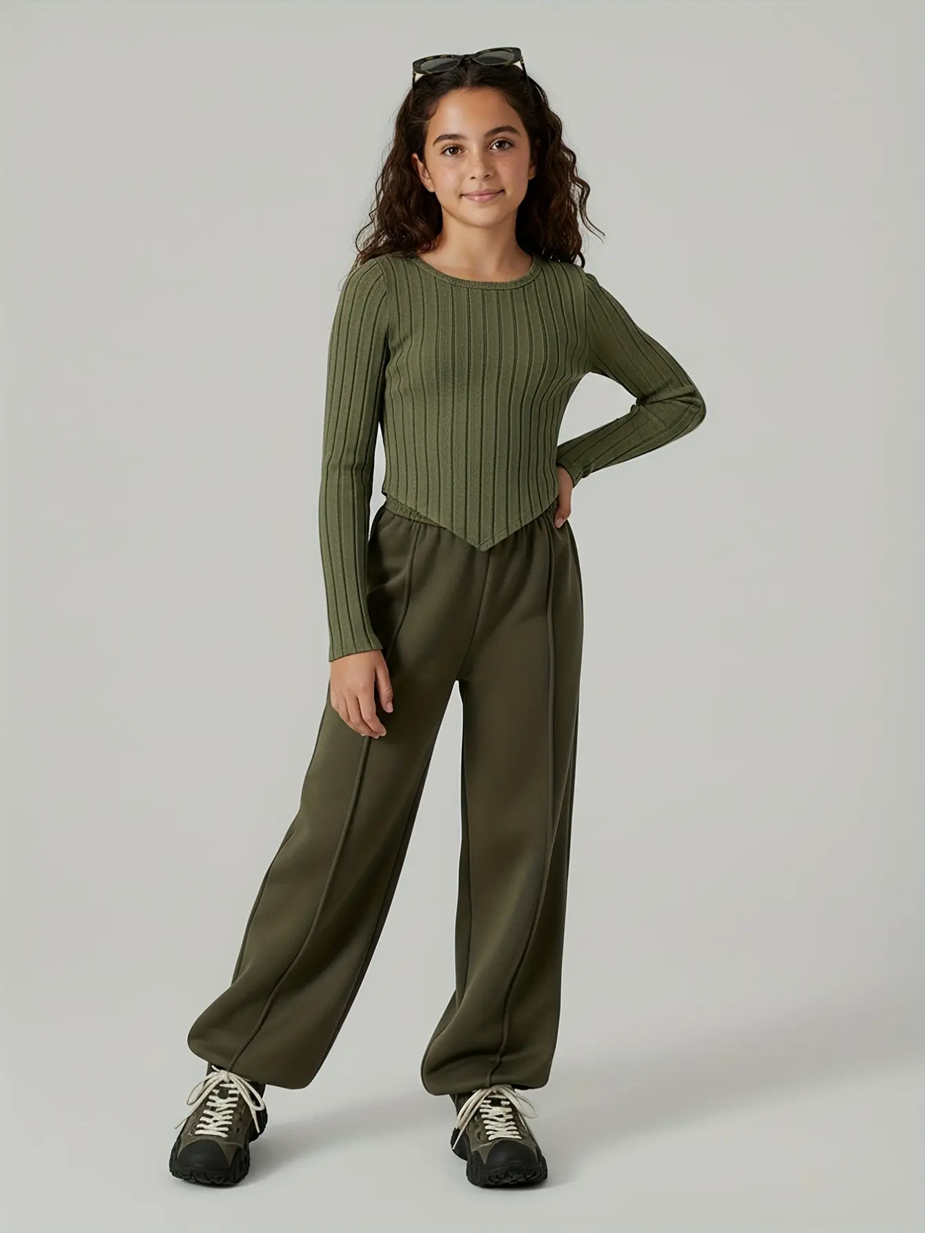 Detail 5 of Girls Olive Ribbed Top and Wide Leg Jogger Pants Set by LUNORIANA