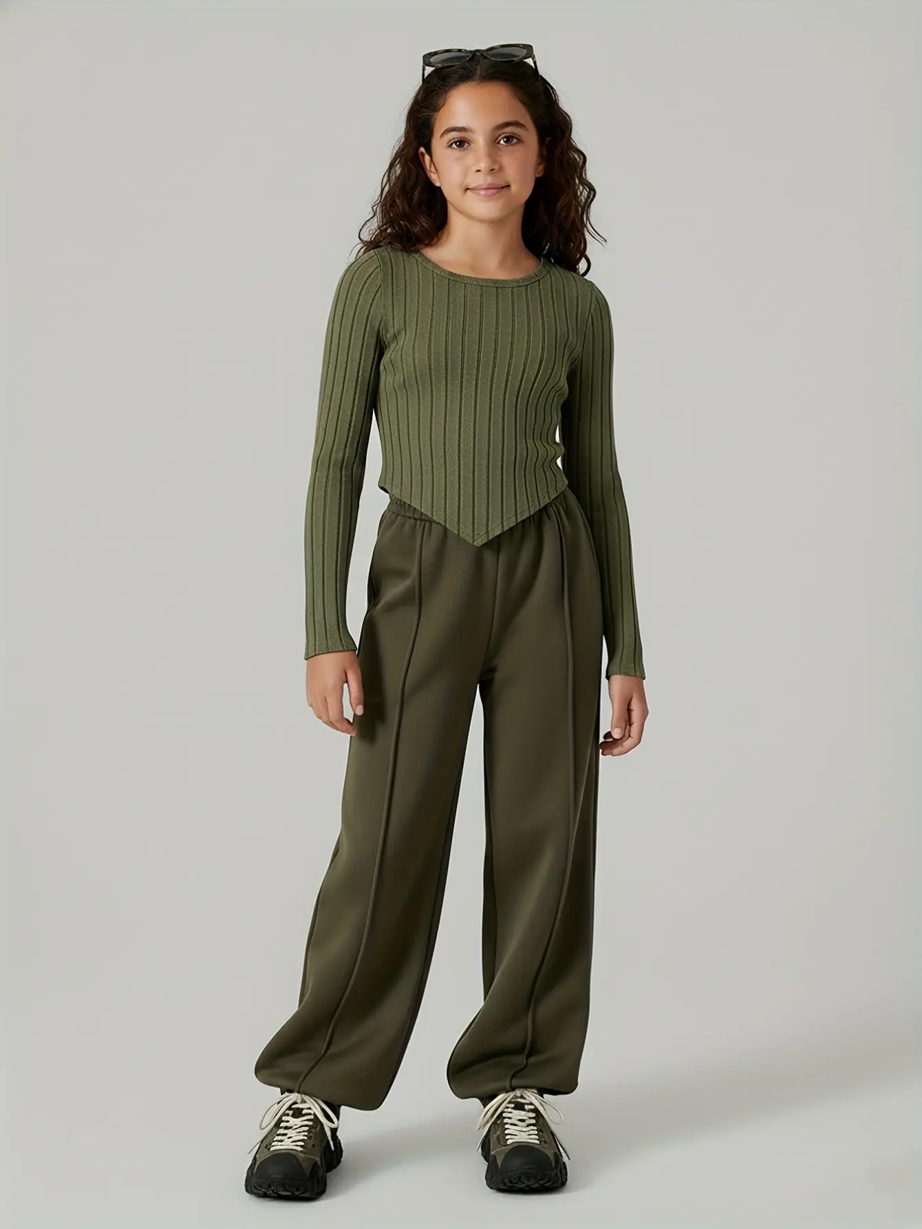 Detail 4 of Girls Olive Ribbed Top and Wide Leg Jogger Pants Set by LUNORIANA