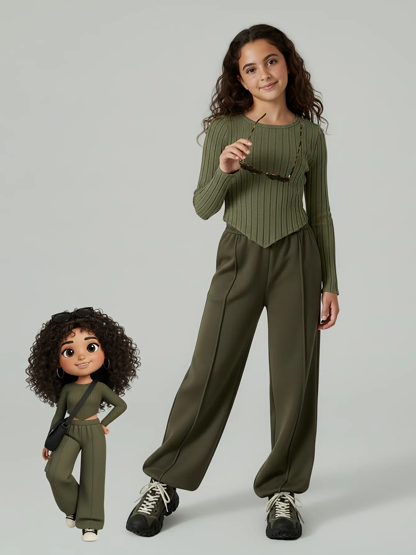 Girls Olive Ribbed Top and Wide Leg Jogger Pants Set