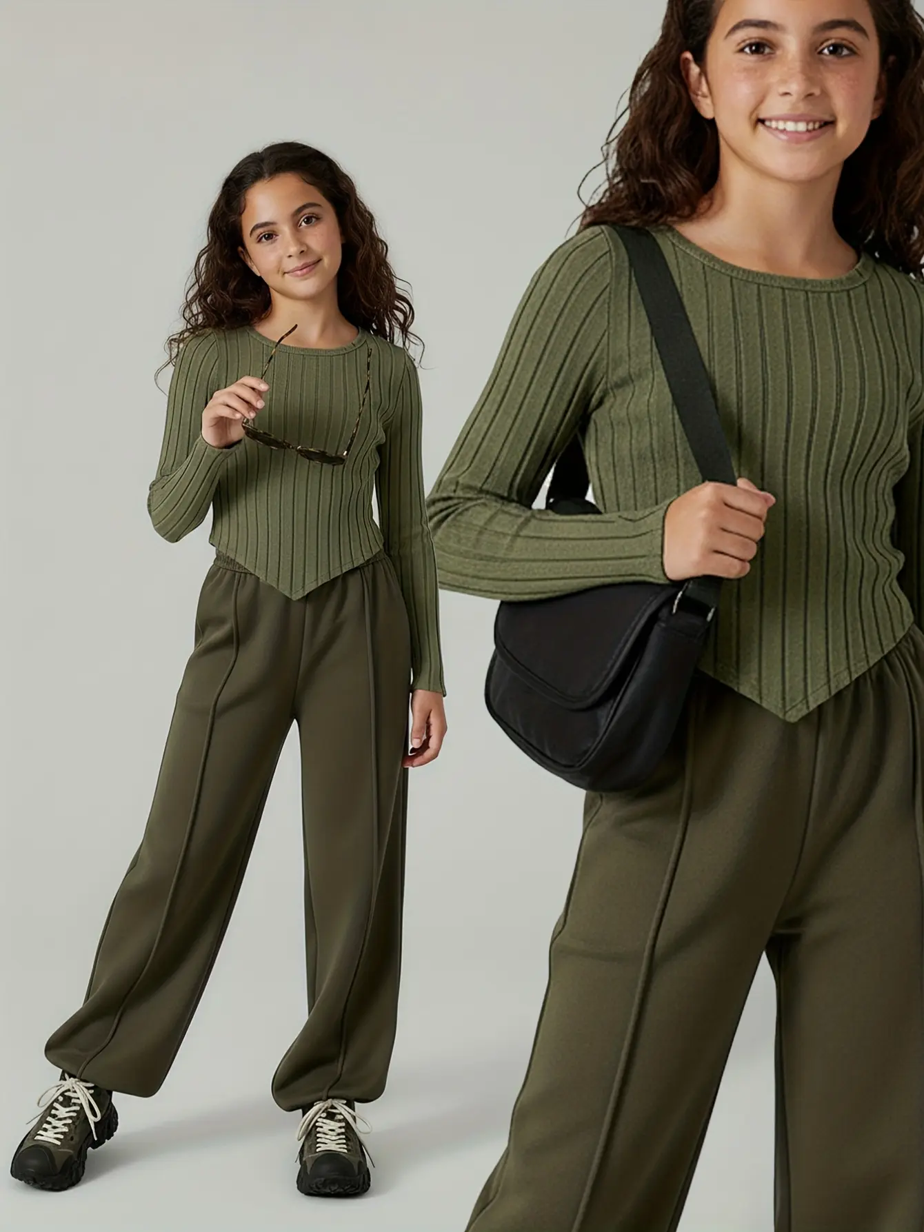 Detail 2 of Girls Olive Ribbed Top and Wide Leg Jogger Pants Set by LUNORIANA