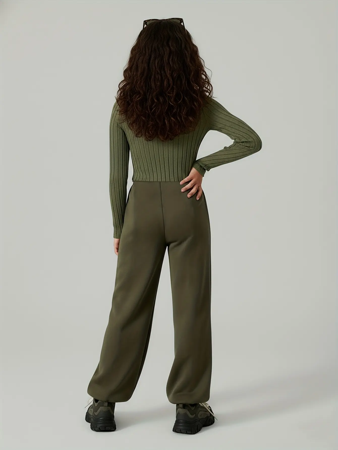 Detail 1 of Girls Olive Ribbed Top and Wide Leg Jogger Pants Set by LUNORIANA