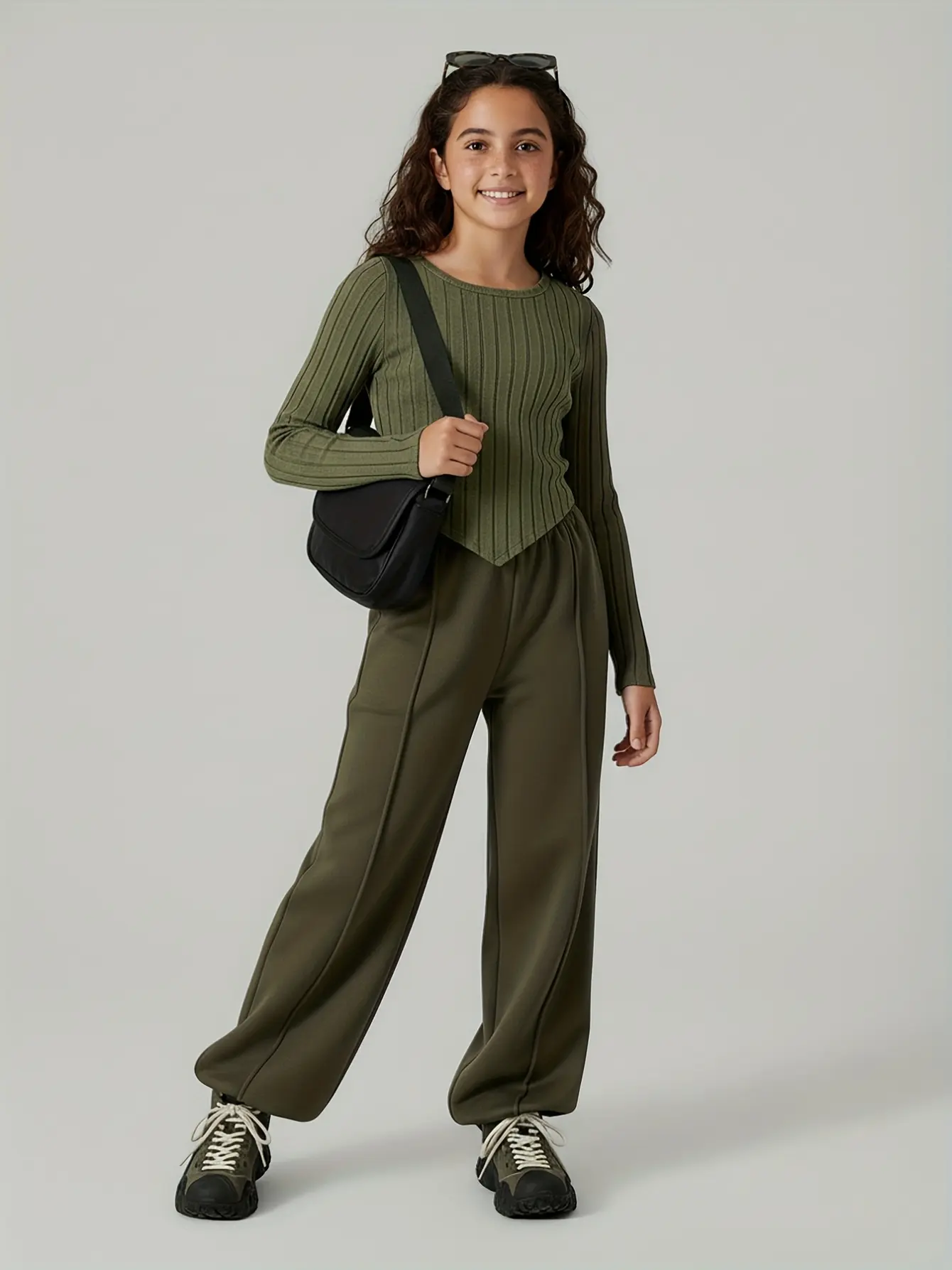 Detail 3 of Girls Olive Ribbed Top and Wide Leg Jogger Pants Set by LUNORIANA