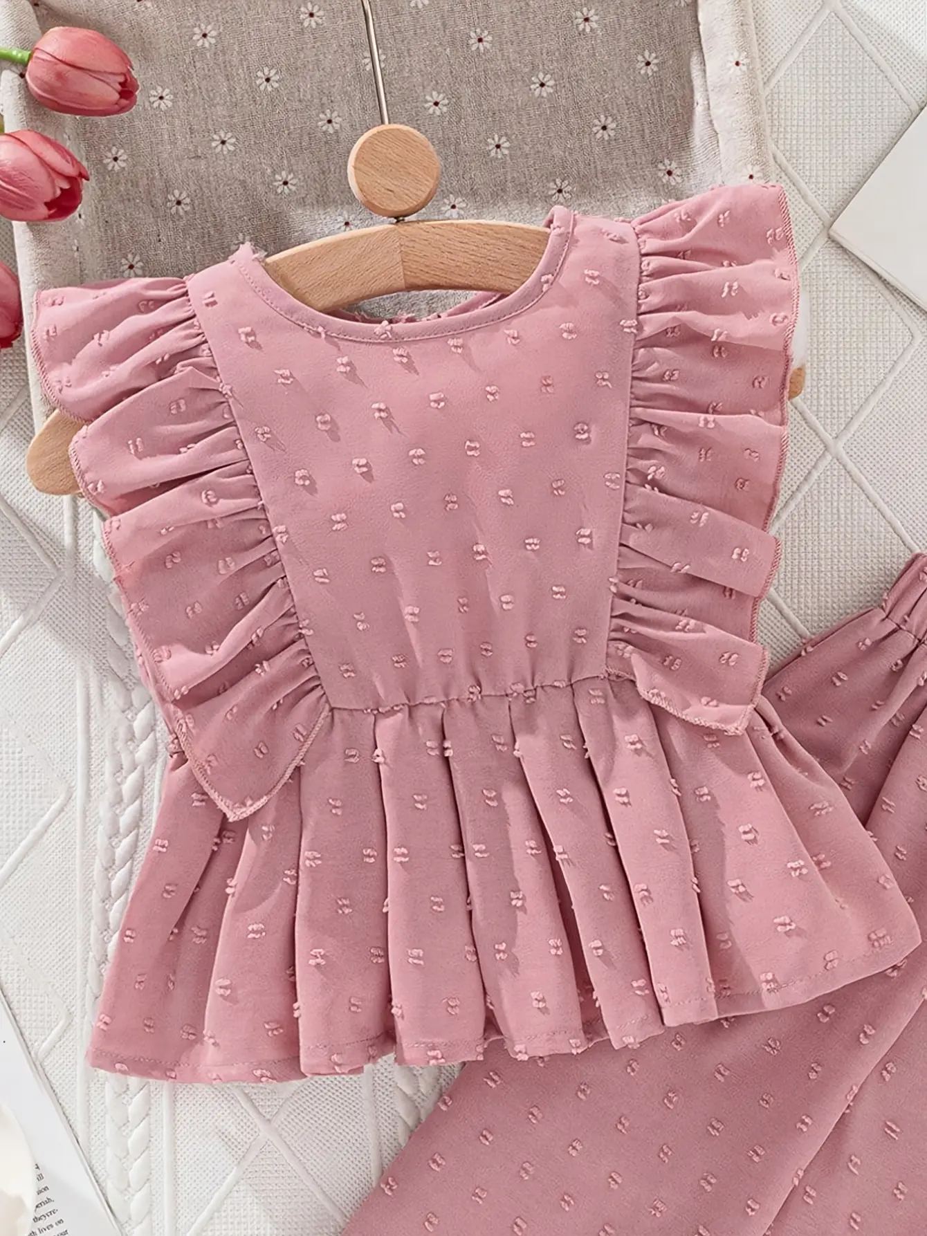 Detail 2 of Girls Ruffle Hem Blouse and Wide Leg Pants Set by LUNORIANA