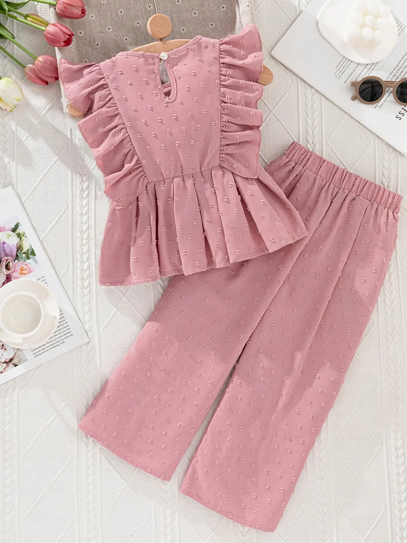 Detail 1 of Girls Ruffle Hem Blouse and Wide Leg Pants Set by LUNORIANA
