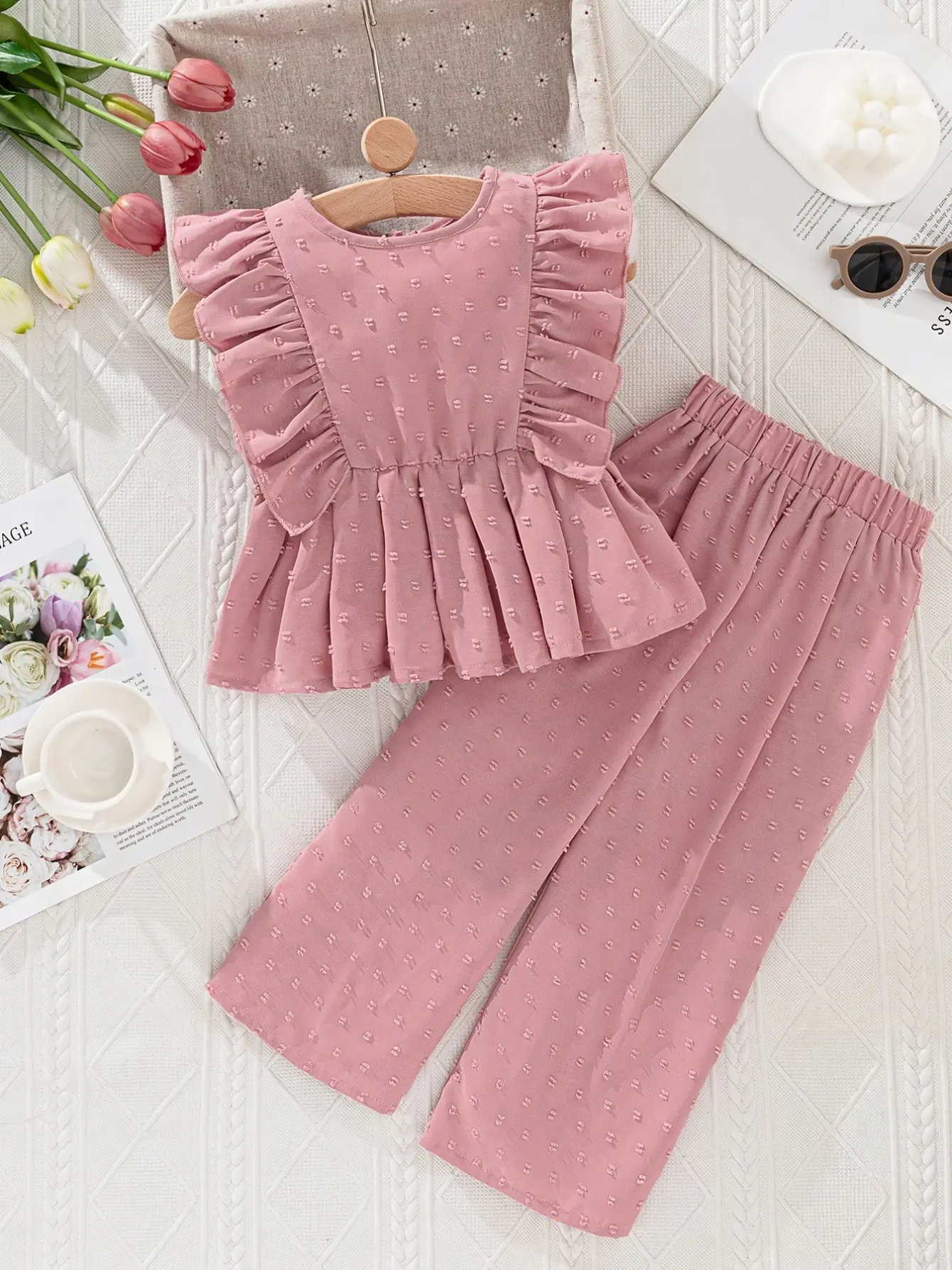 Girls Ruffle Hem Blouse and Wide Leg Pants Set