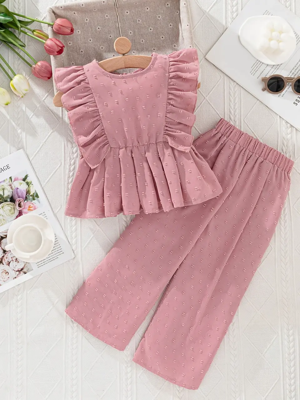Girls Ruffle Hem Blouse and Wide Leg Pants Set
