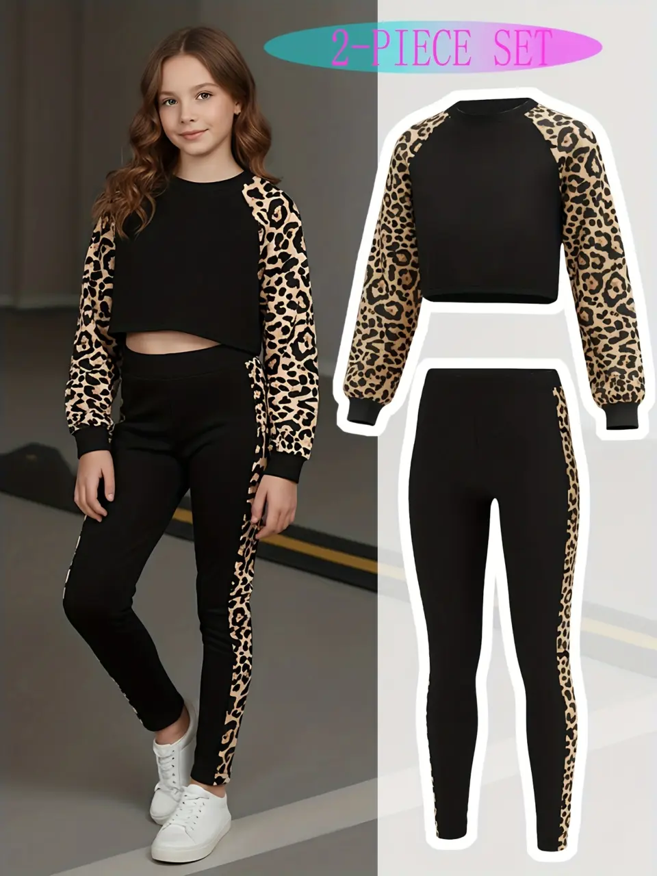 Girls Leopard Raglan Top and Matching Pants Set