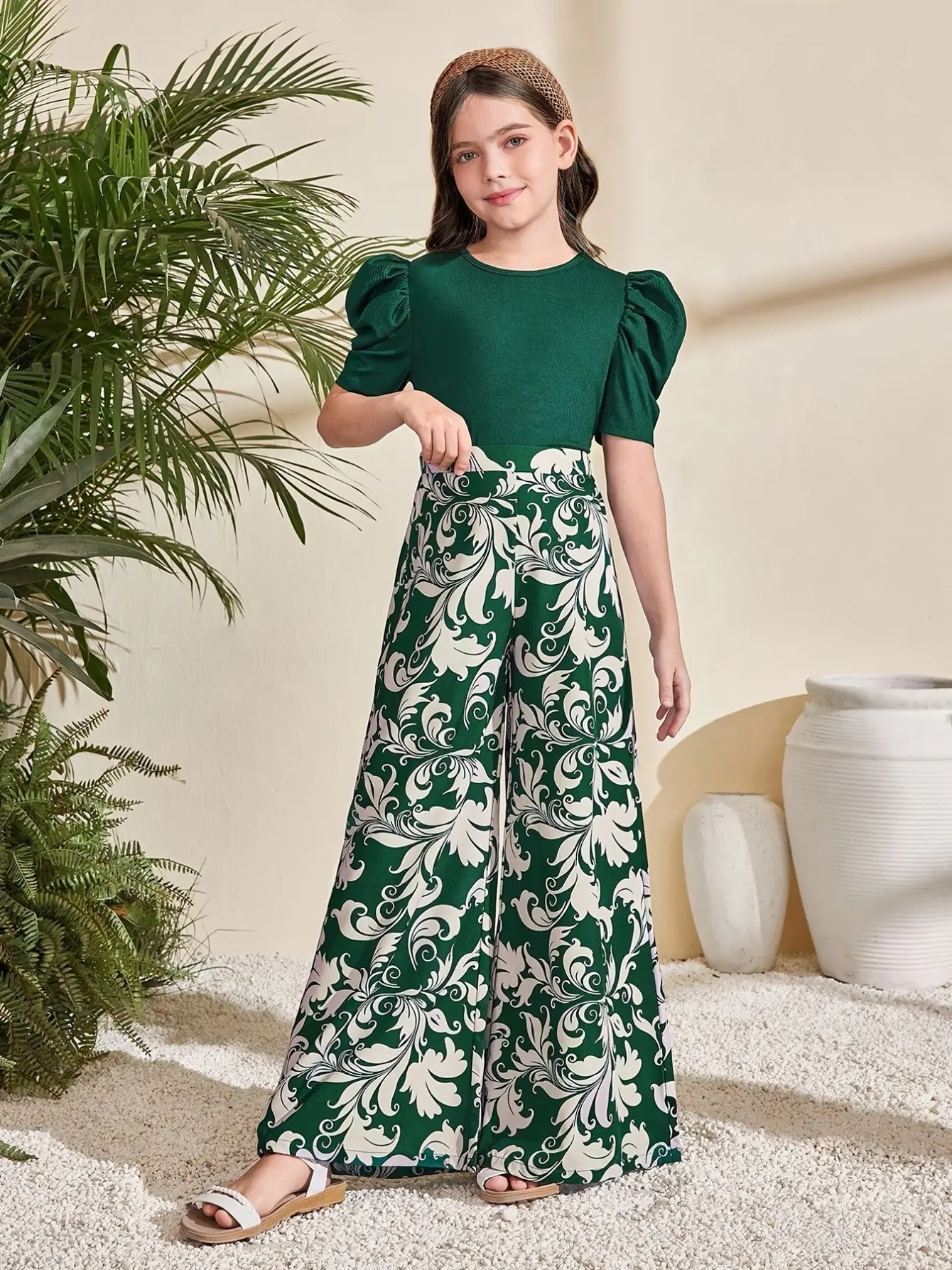 Girls Puff Sleeve Knit Top and Floral Wide Leg Pants Set