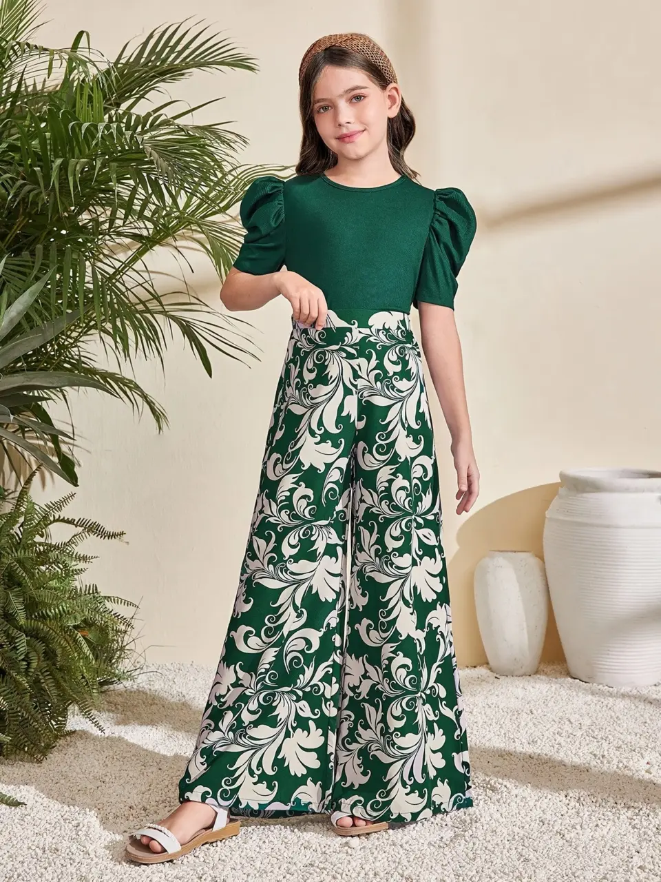 Girls Puff Sleeve Knit Top and Floral Wide Leg Pants Set