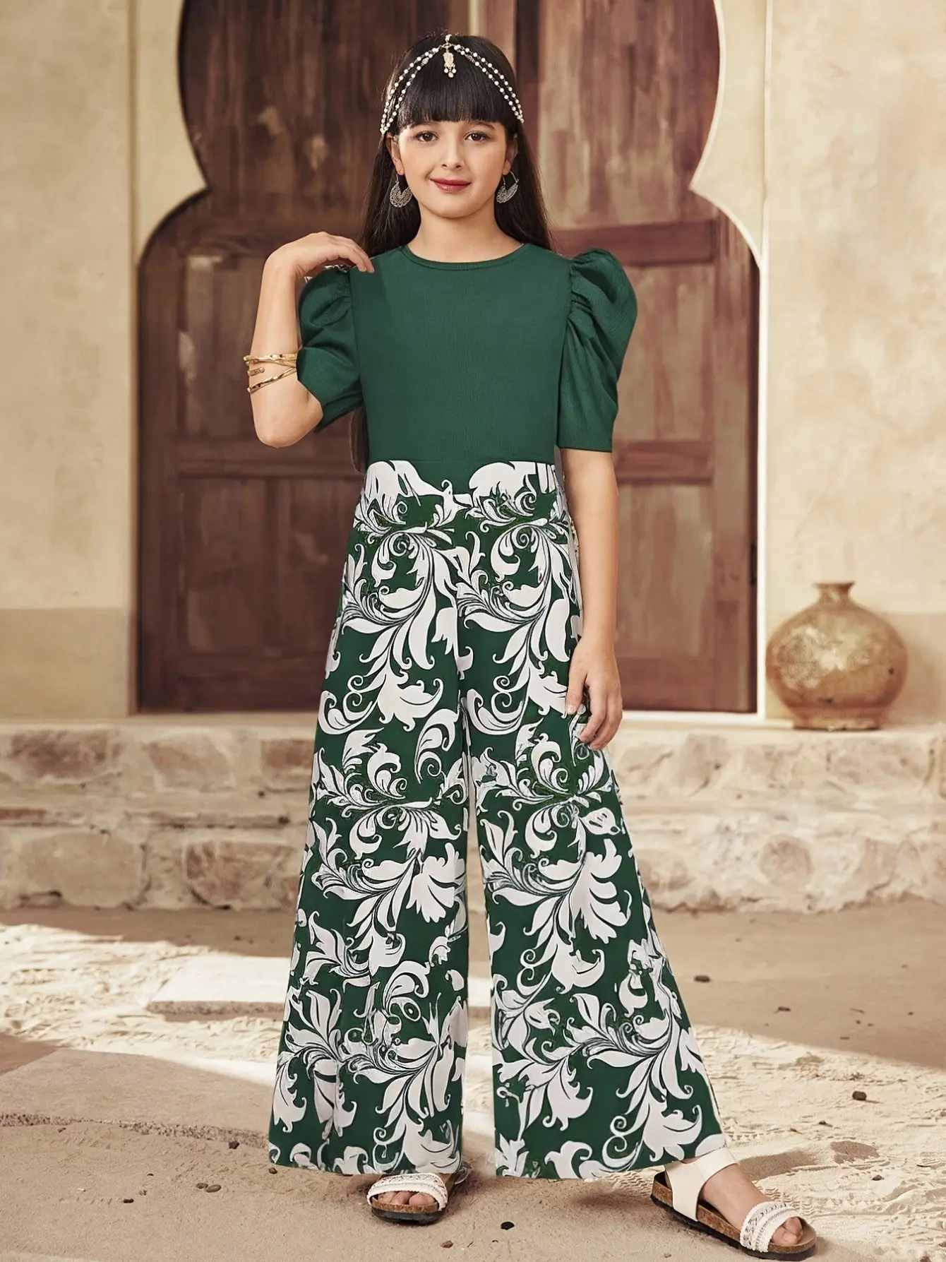 Detail 5 of Girls Puff Sleeve Knit Top and Floral Wide Leg Pants Set by LUNORIANA