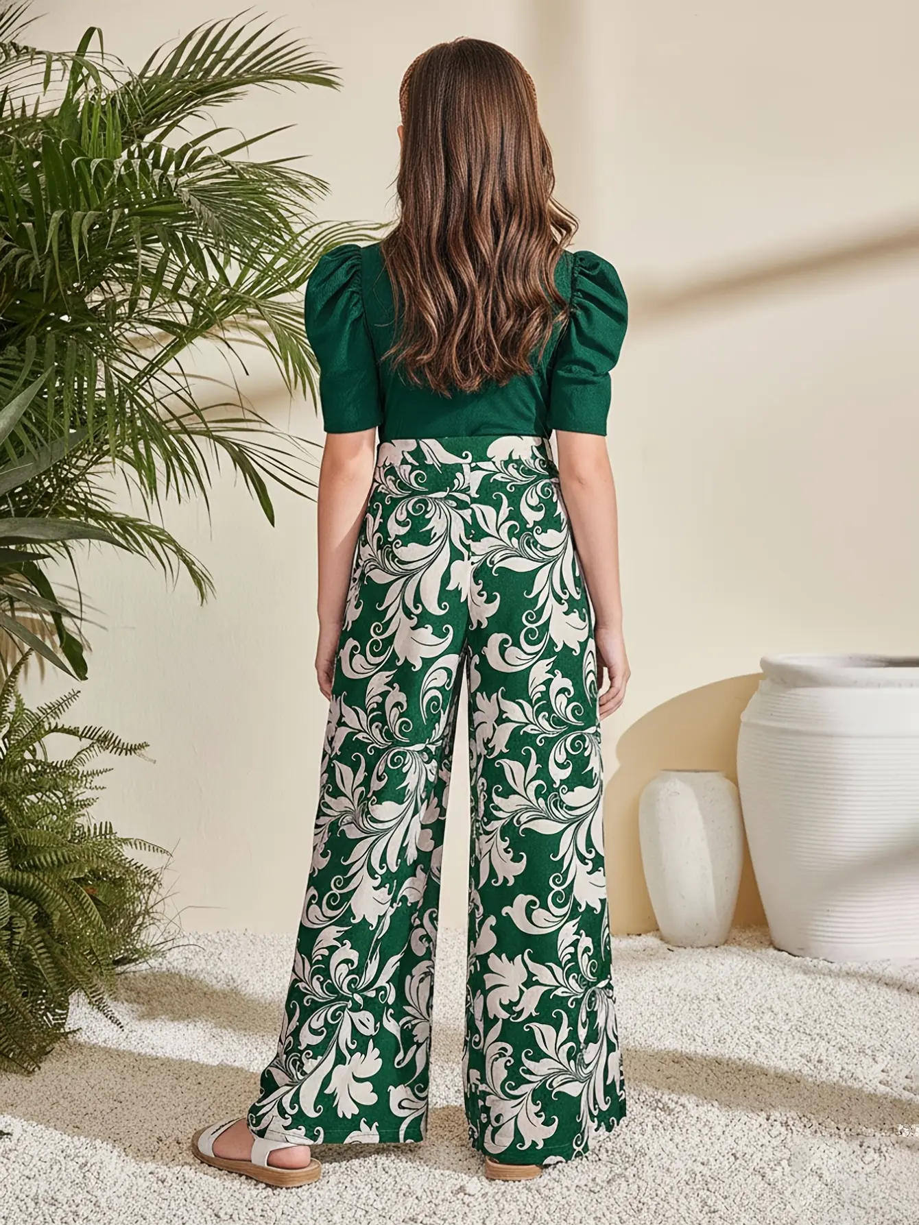 Detail 1 of Girls Puff Sleeve Knit Top and Floral Wide Leg Pants Set by LUNORIANA