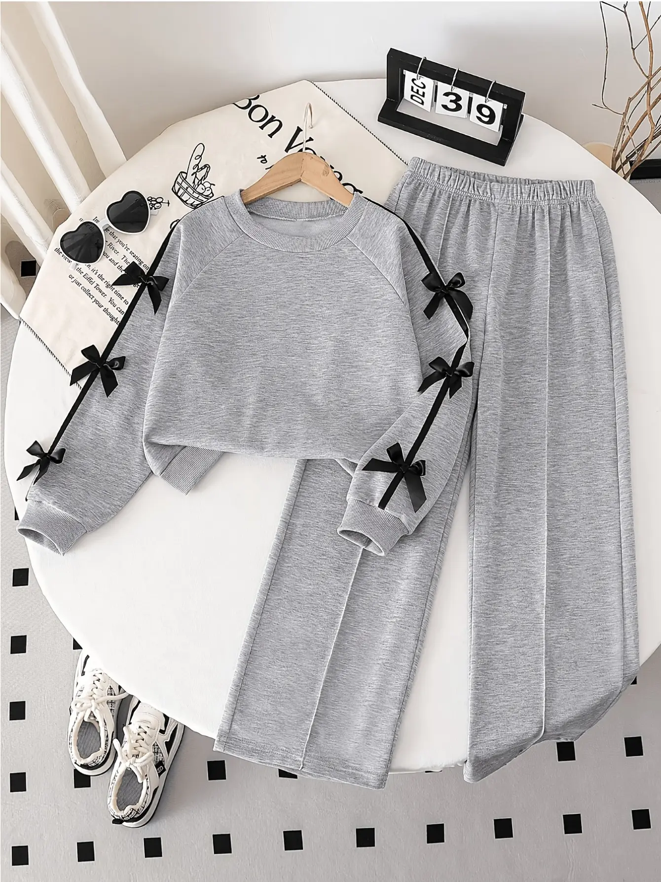 Girls Gray Bow Sleeve Sweatshirt and Wide Leg Pants Set