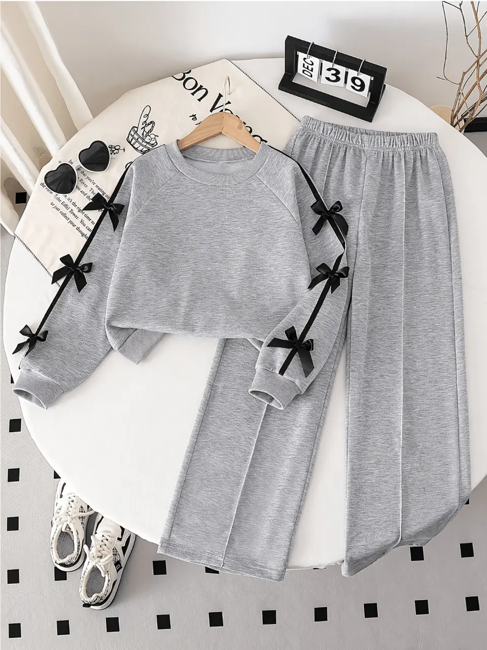 Girls Gray Bow Sleeve Sweatshirt and Wide Leg Pants Set