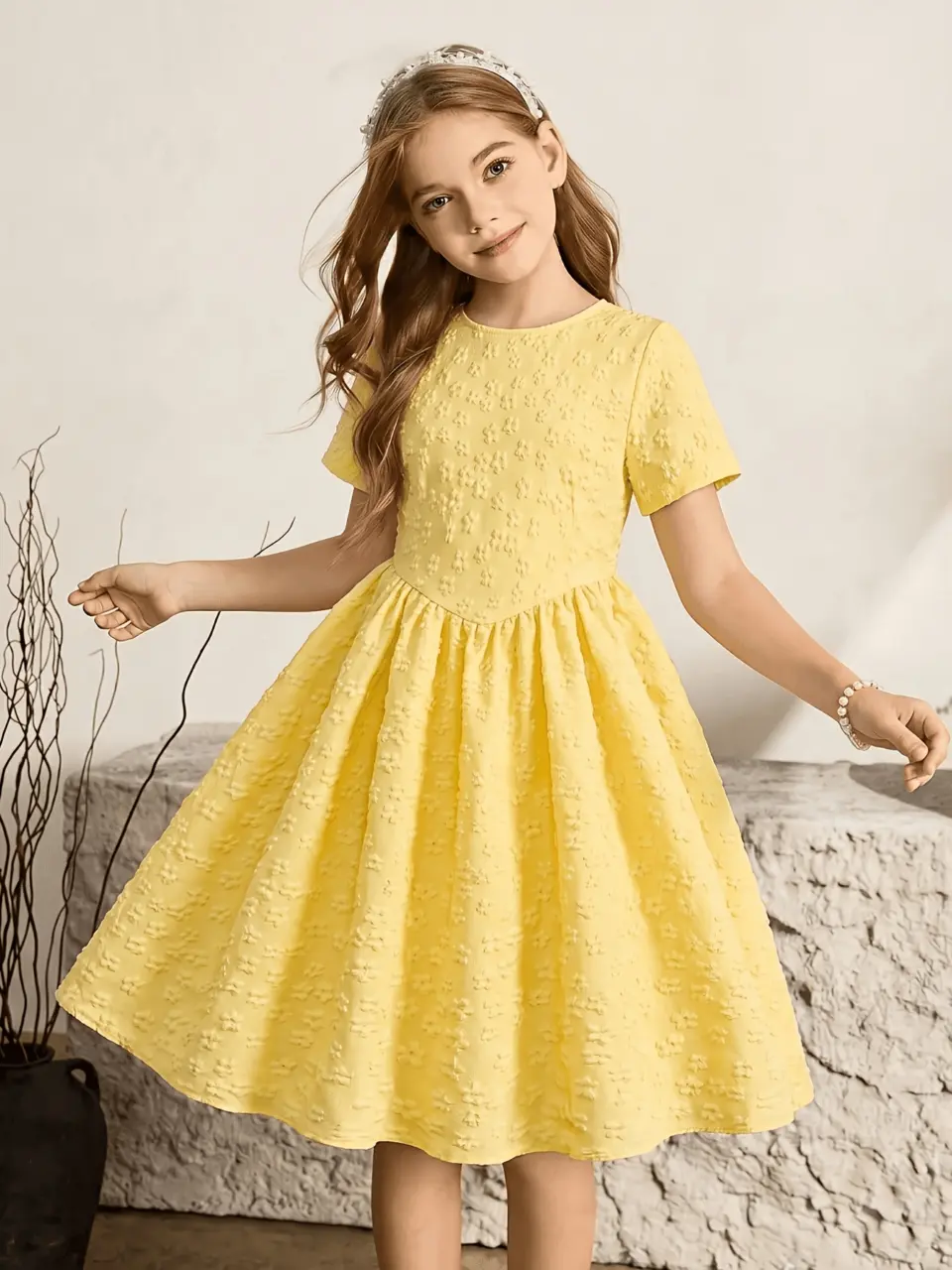 Girls Lemon Yellow Jacquard Princess Dress