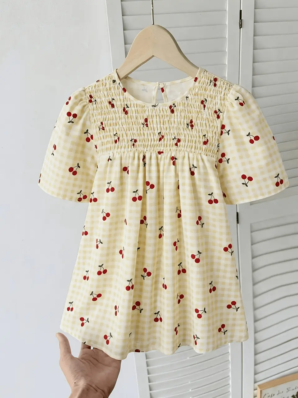 Girls Cherry Plaid Puff Sleeve Dress