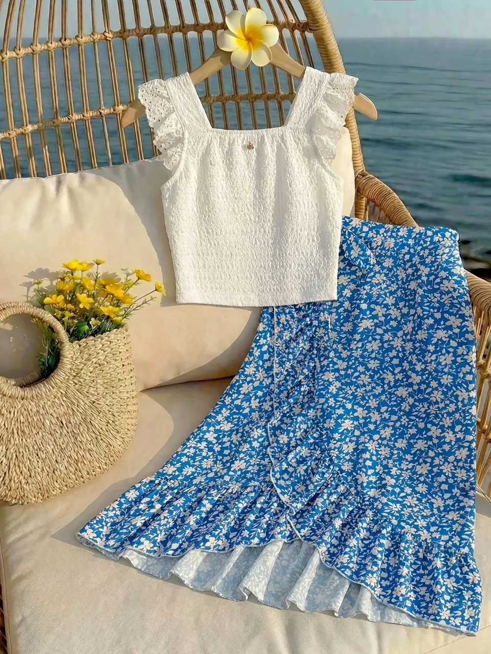 Girls Blue Floral Top and Skirt Set
