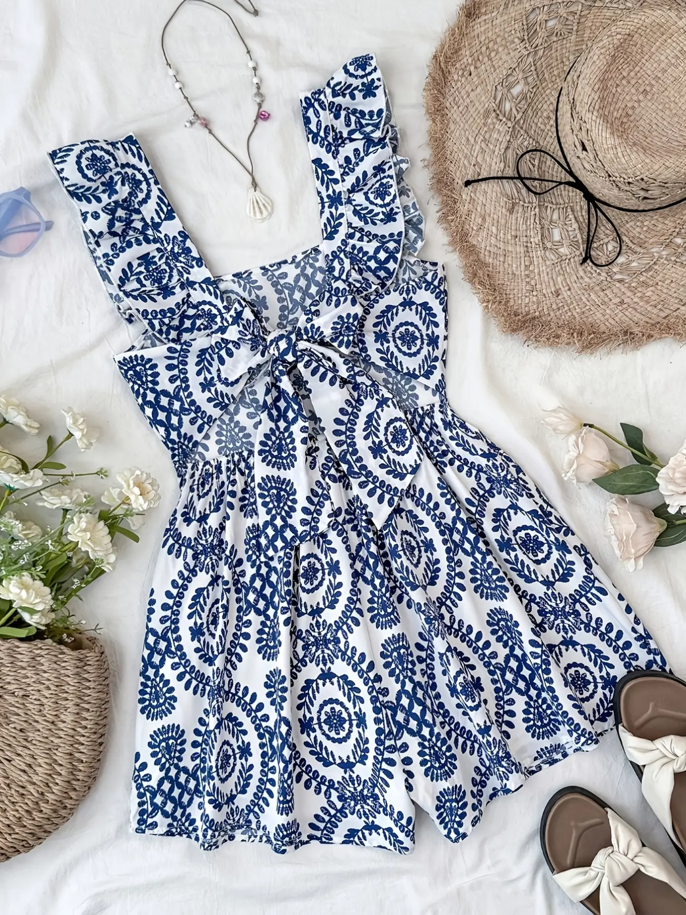 Girls Blue Floral Open Back Romper Dress detail view