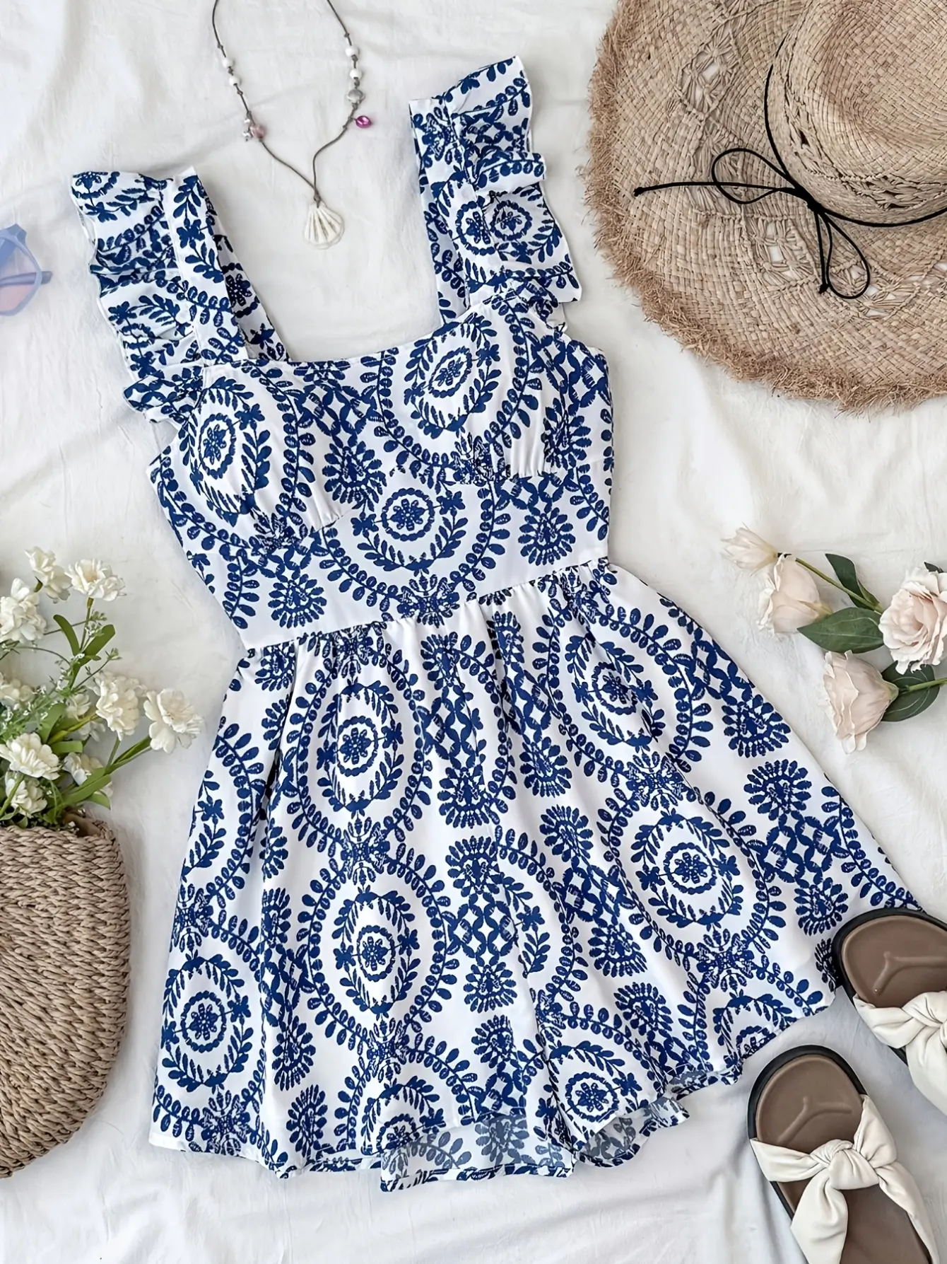 Girls Blue Floral Open Back Romper Dress detail view