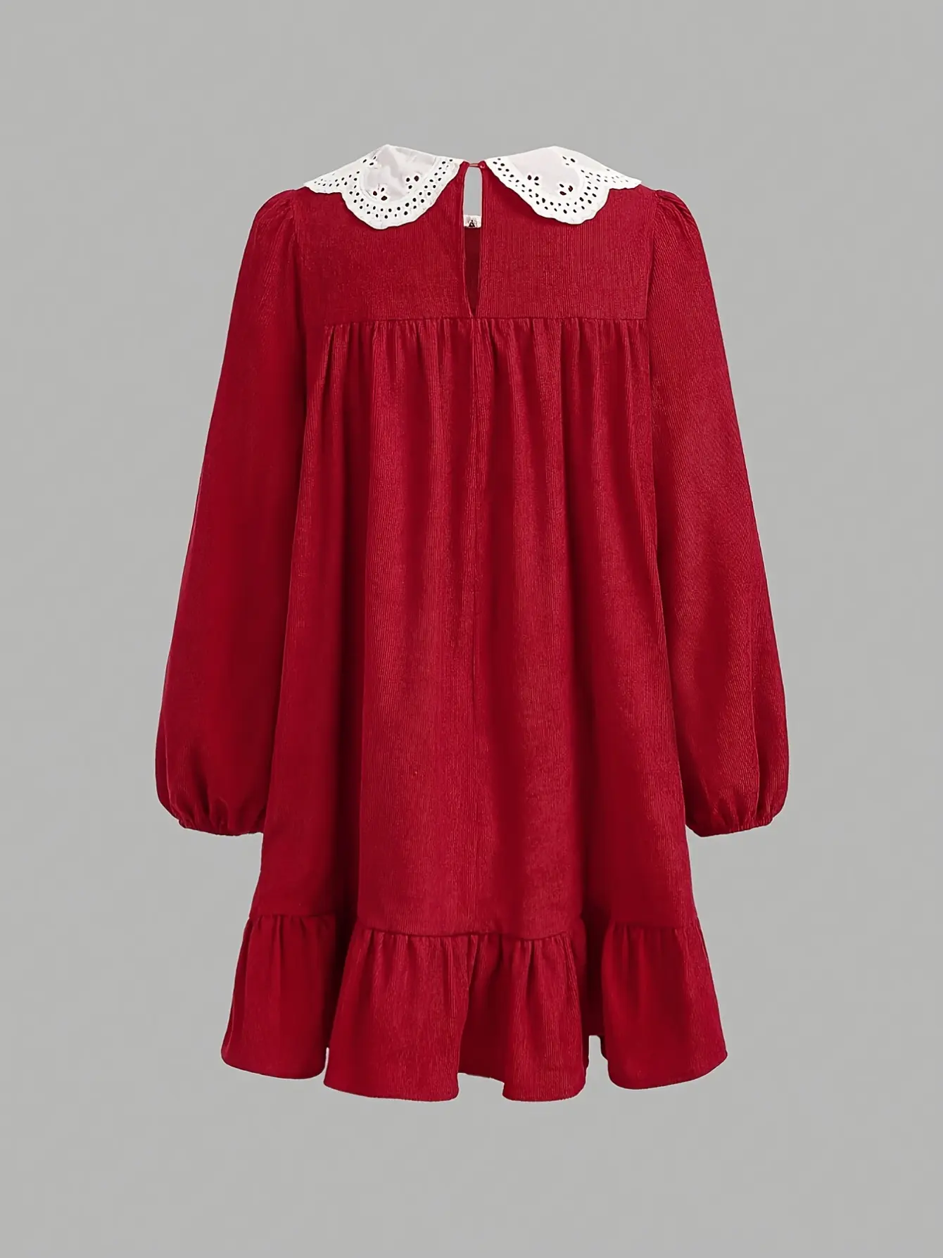Girls Burgundy Lace Collar Long Sleeve Dress detail view