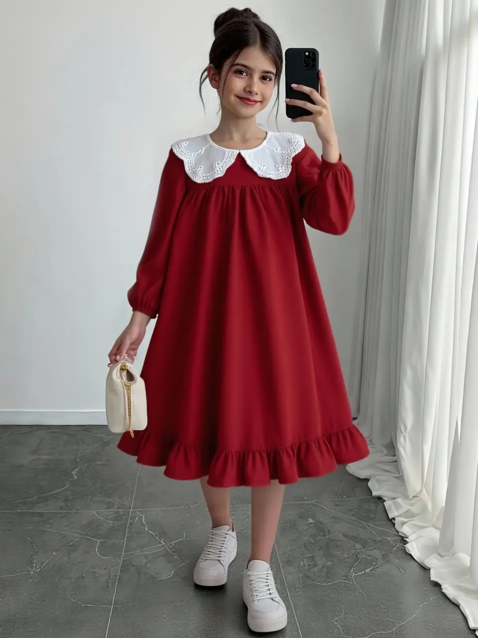Girls Burgundy Lace Collar Long Sleeve Dress