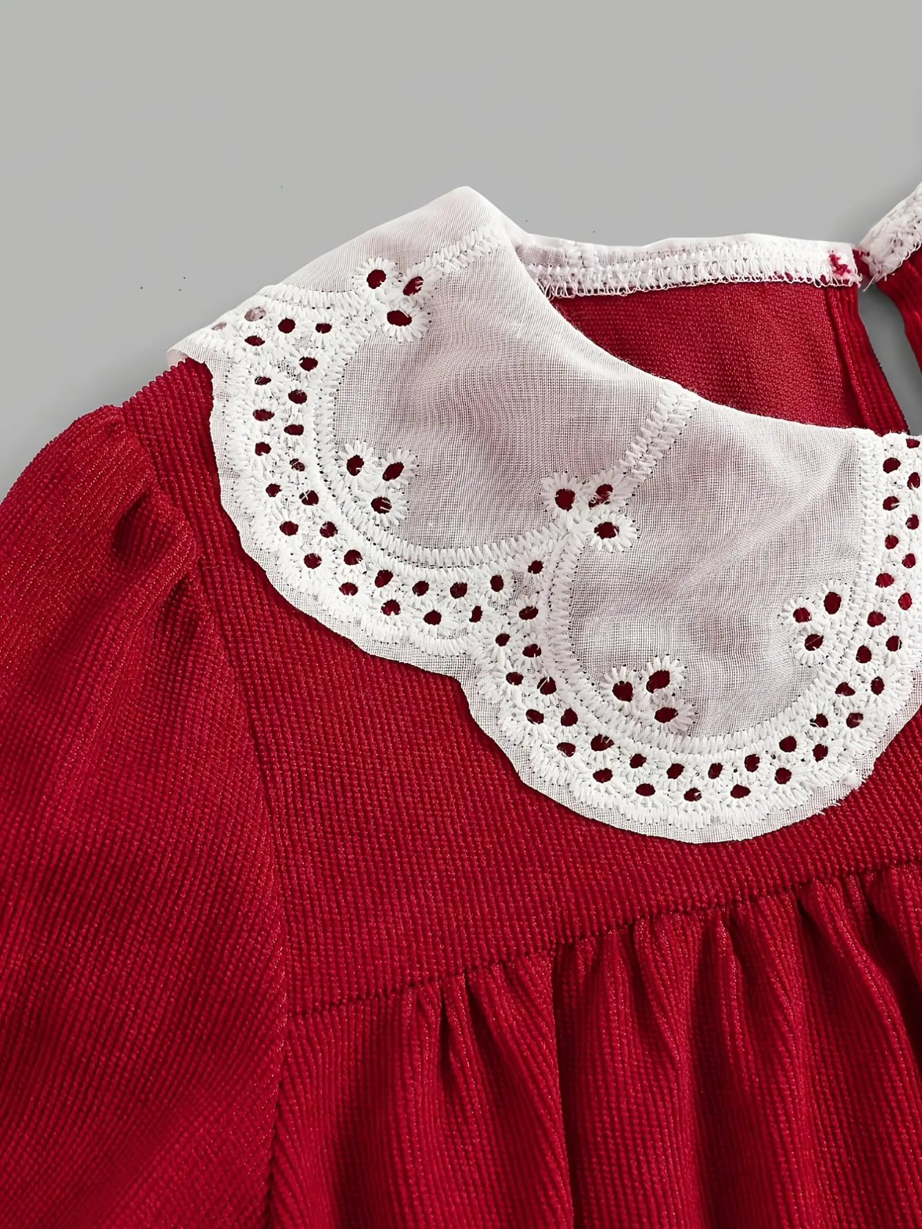 Girls Burgundy Lace Collar Long Sleeve Dress detail view
