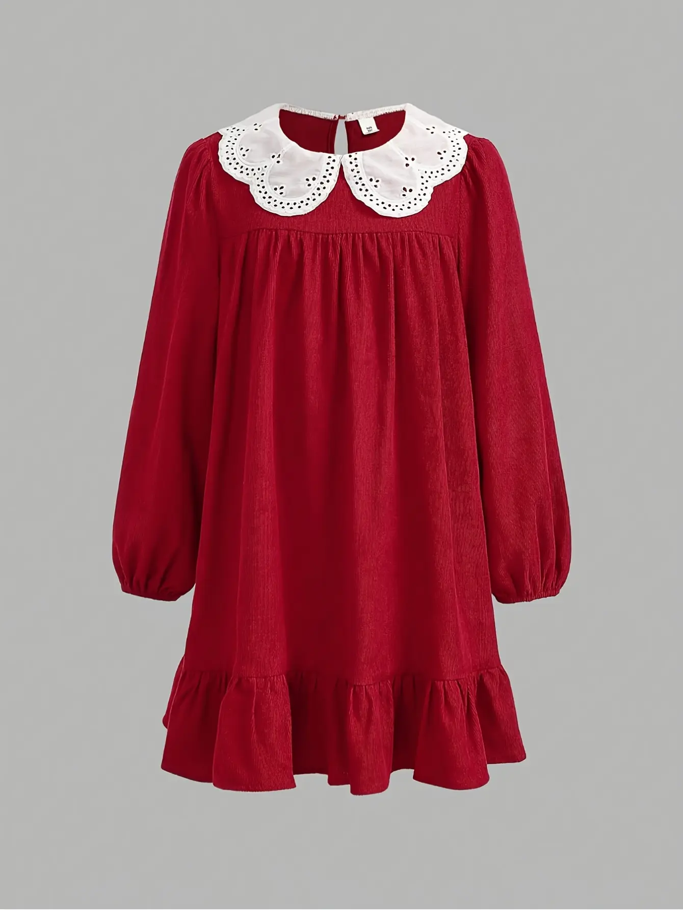 Girls Burgundy Lace Collar Long Sleeve Dress detail view